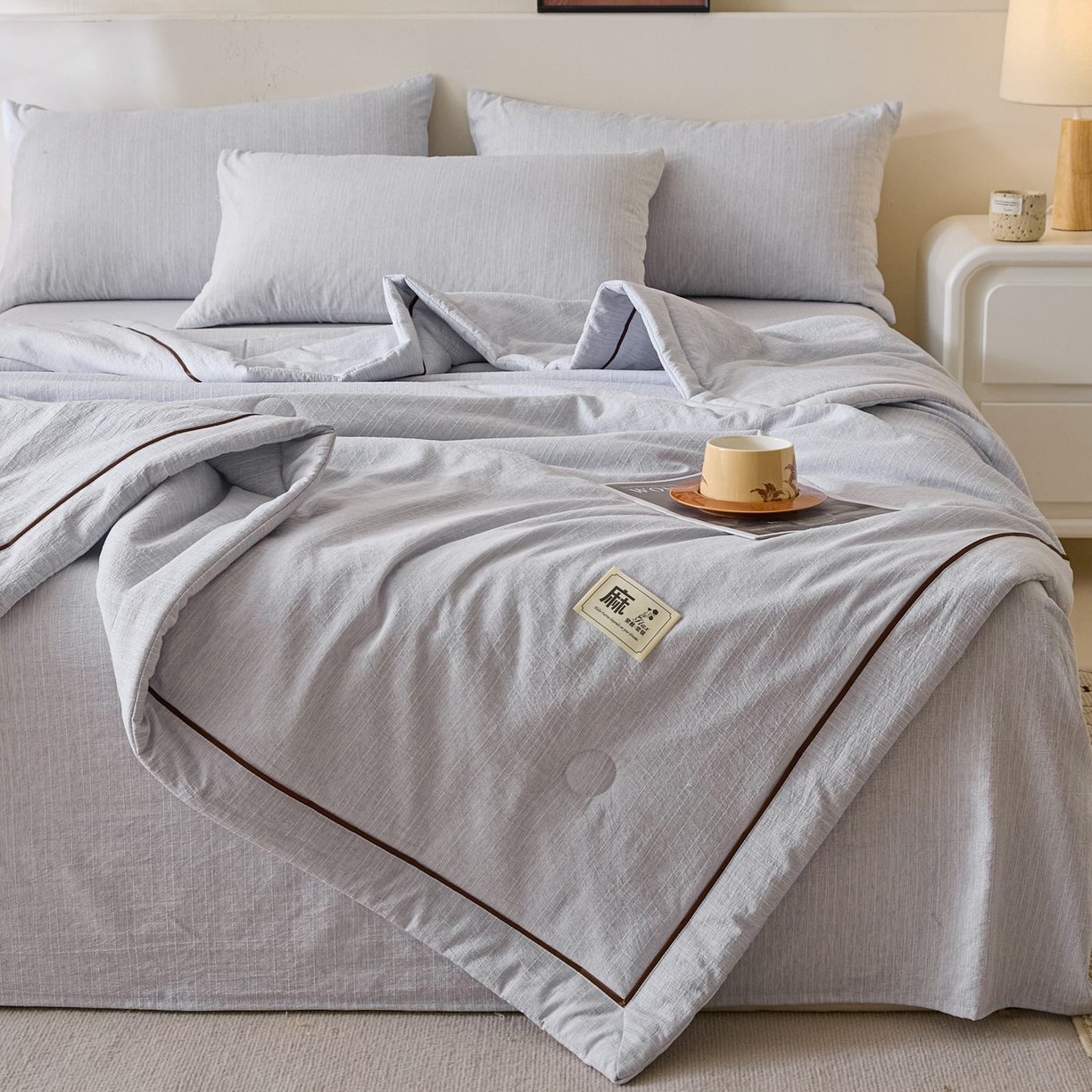 91家纺网 家纺一手货源 找家纺 蓝极人 2026新款提花色织水洗麻夏被四件套 色织-牛仔蓝