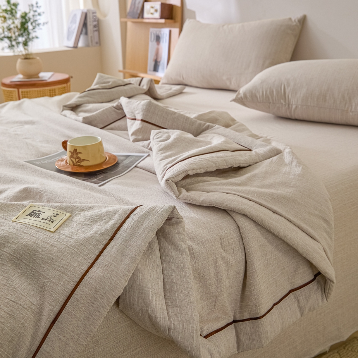 91家纺网 家纺一手货源 找家纺 蓝极人 2026新款提花色织水洗麻夏被四件套 色织-烟灰