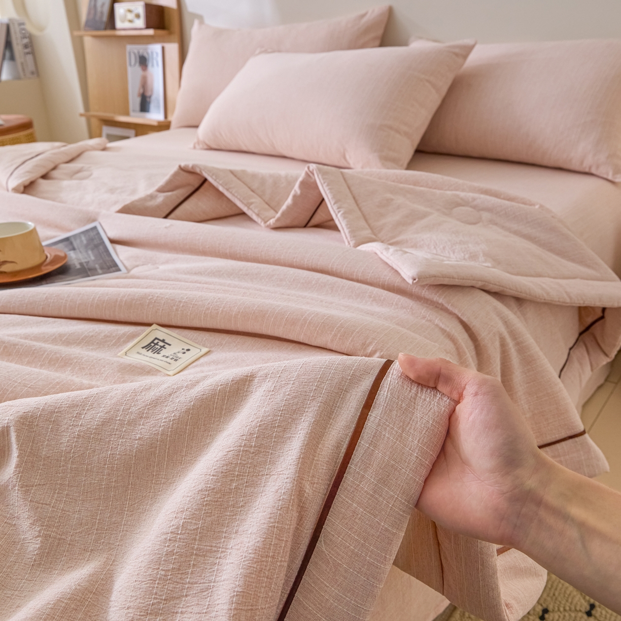 91家纺网 家纺一手货源 找家纺 蓝极人 2026新款提花色织水洗麻夏被四件套 色织-晨曦黄