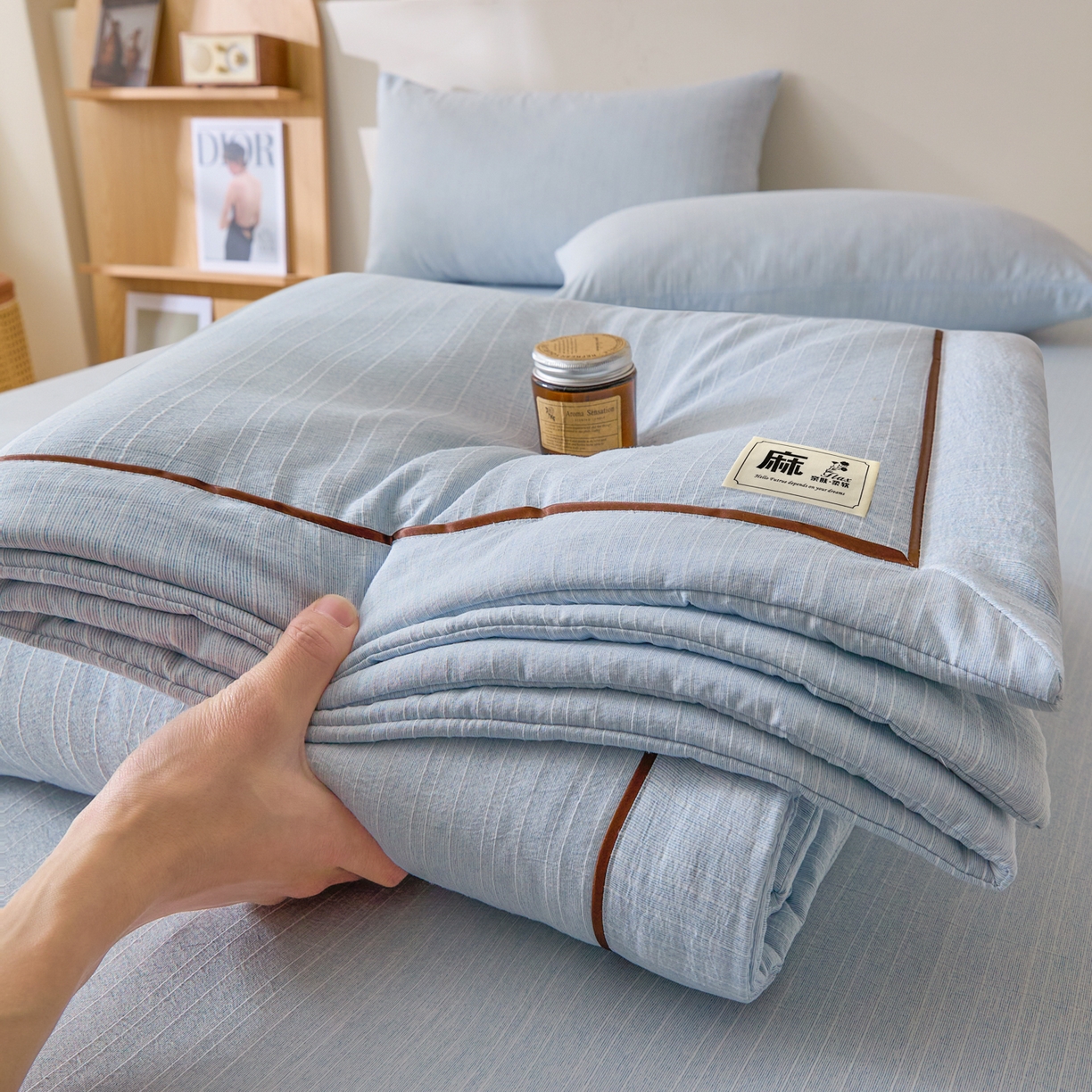 蓝极人 2026新款提花色织水洗麻夏被四件套 色织-湖水蓝