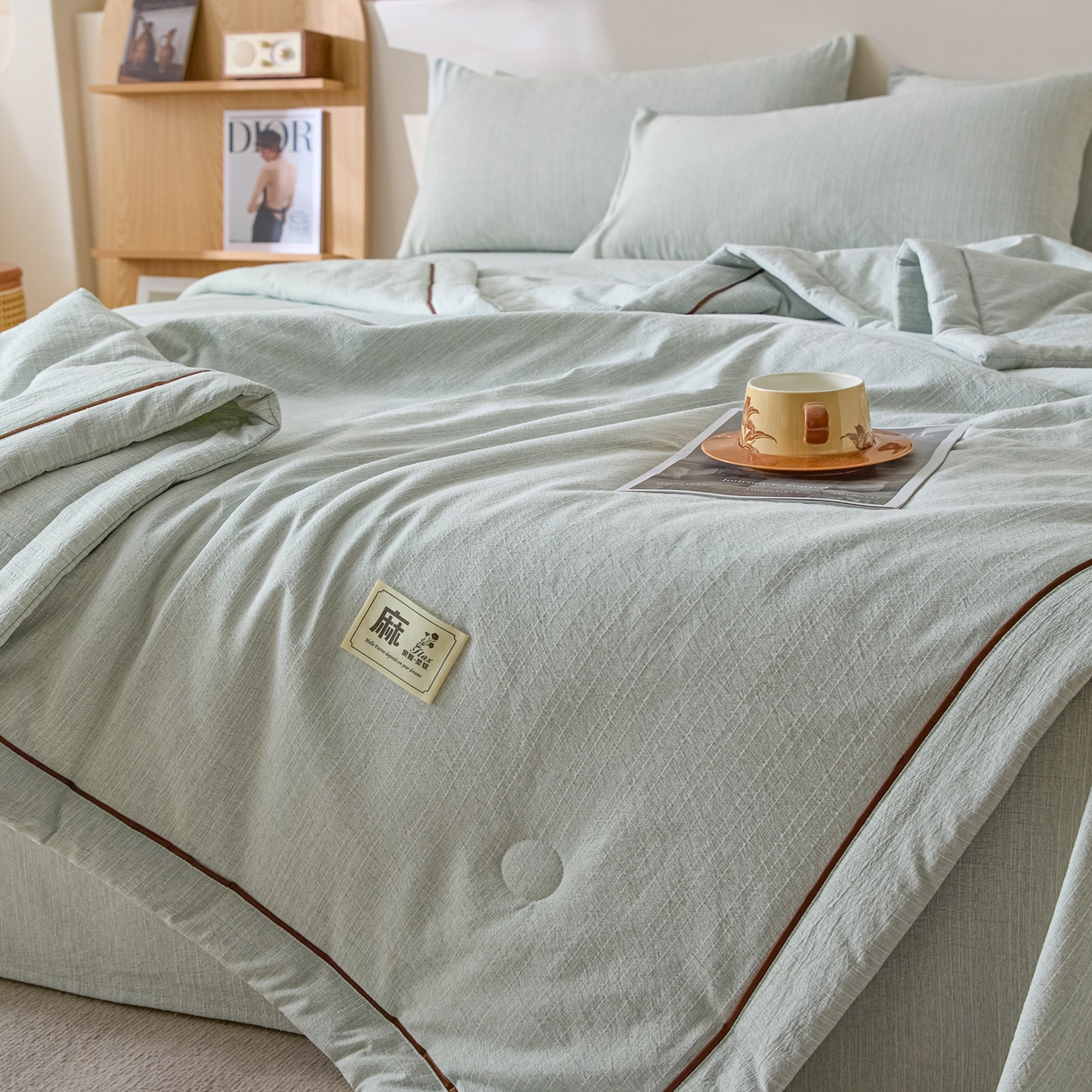 91家纺网 家纺一手货源 找家纺 蓝极人 2026新款提花色织水洗麻夏被四件套 色织-抹茶