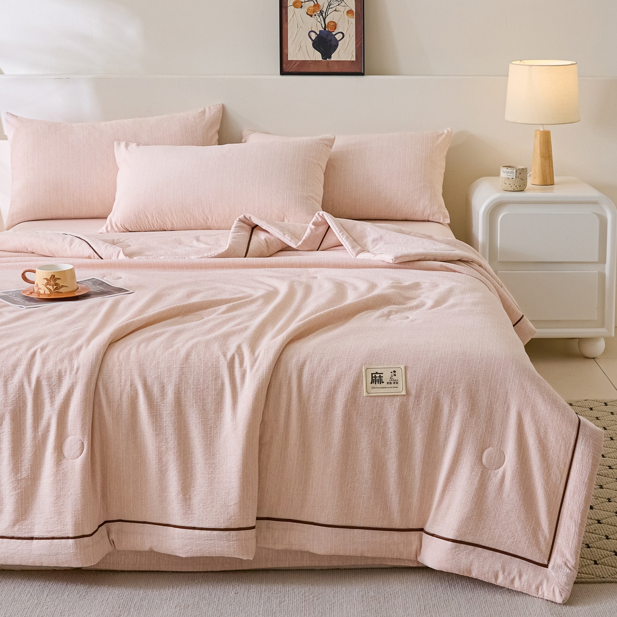 91家纺网 家纺一手货源 找家纺 蓝极人 2026新款提花色织水洗麻夏被四件套 色织-晨曦黄