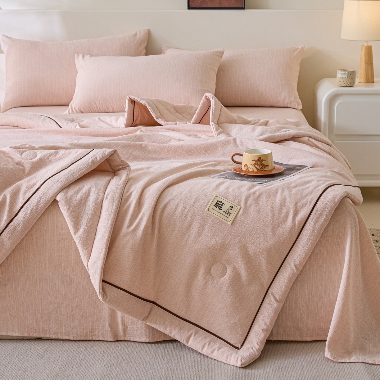 91家纺网 家纺一手货源 找家纺 蓝极人 2026新款提花色织水洗麻夏被四件套 色织-晨曦黄