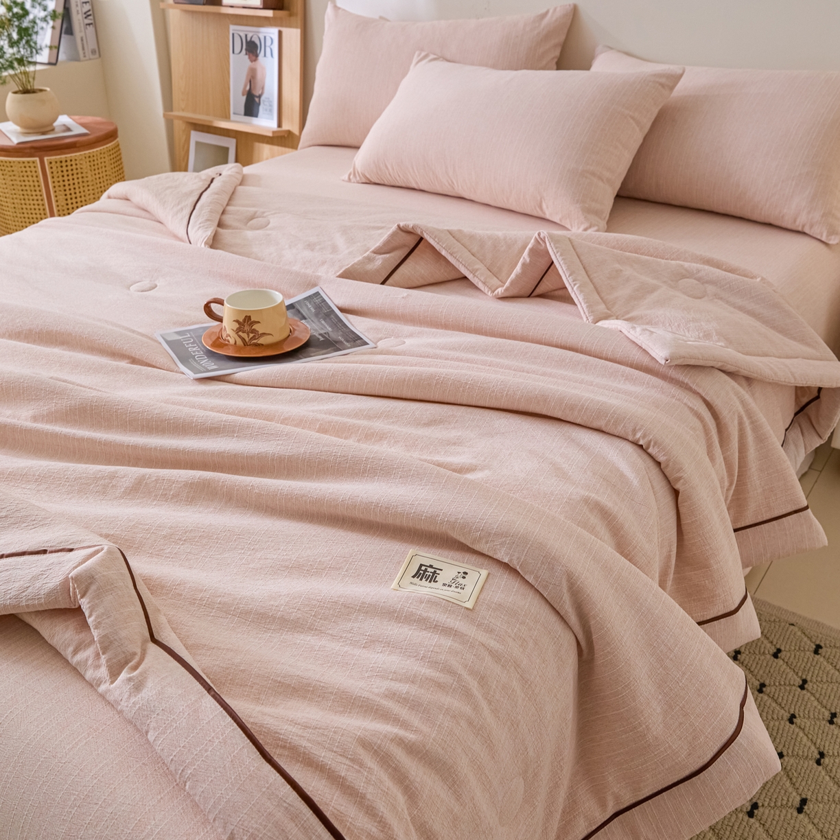 91家纺网 家纺一手货源 找家纺 蓝极人 2026新款提花色织水洗麻夏被四件套 色织-晨曦黄