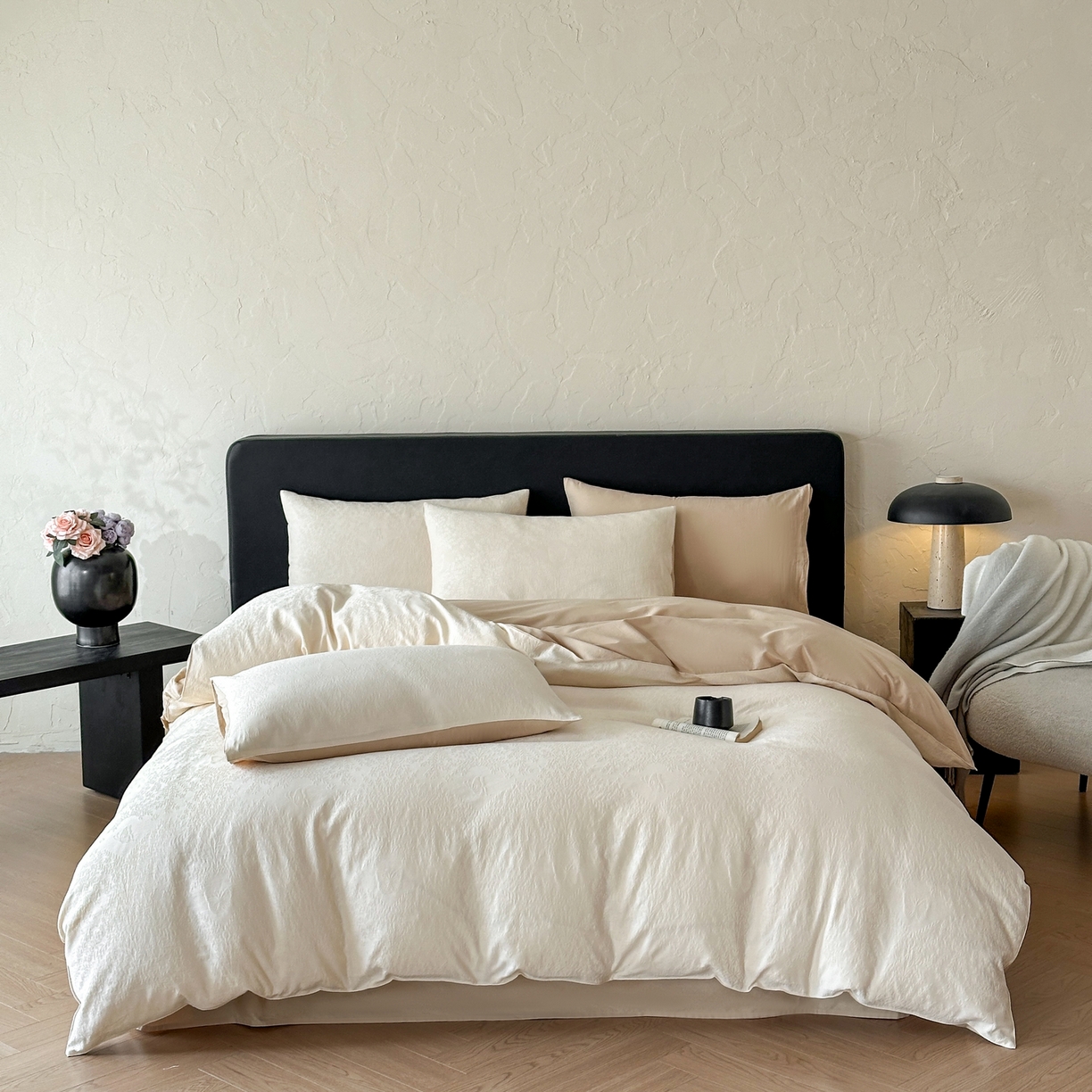 优悦生活馆 2026新款60s全棉提花四件套 暖雾碟语-奶昔白