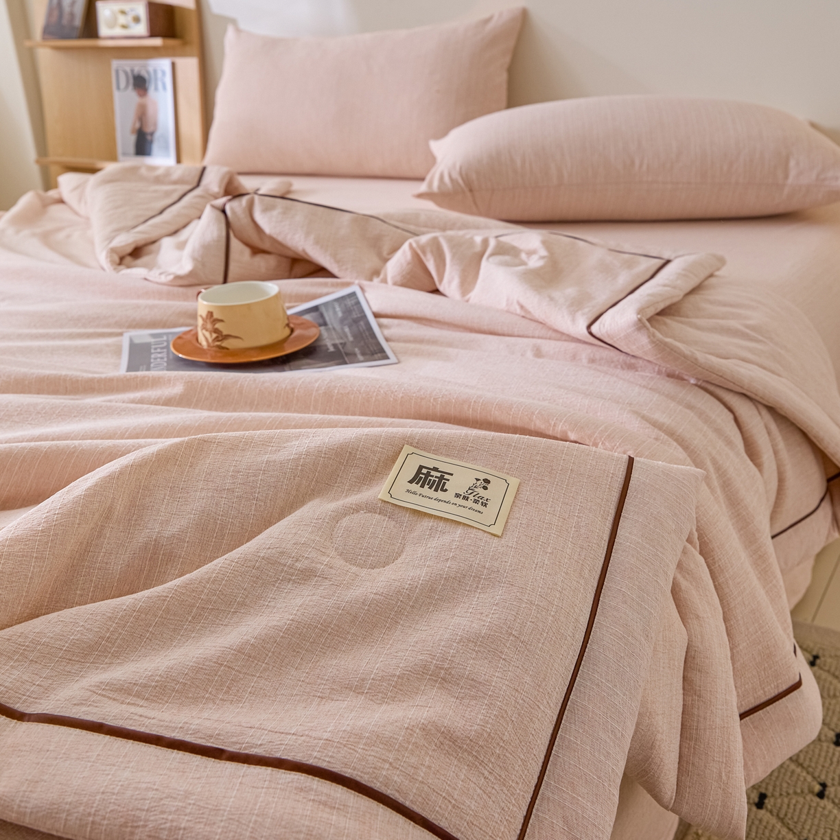 91家纺网 家纺一手货源 找家纺 蓝极人 2026新款提花色织水洗麻夏被四件套 色织-晨曦黄