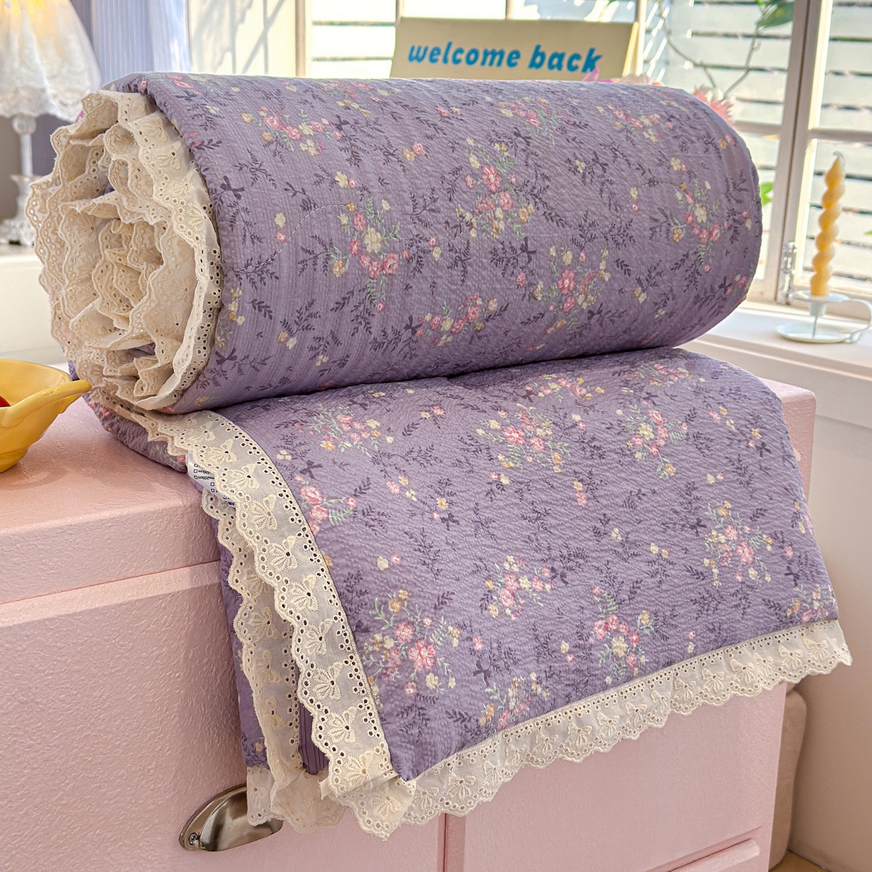 91家纺网 家纺一手货源 找家纺 弗苓家纺 2026新款高克重泡芙棉花边款夏被夏凉被空调被四件套小红书推荐-风格一 松间茶事