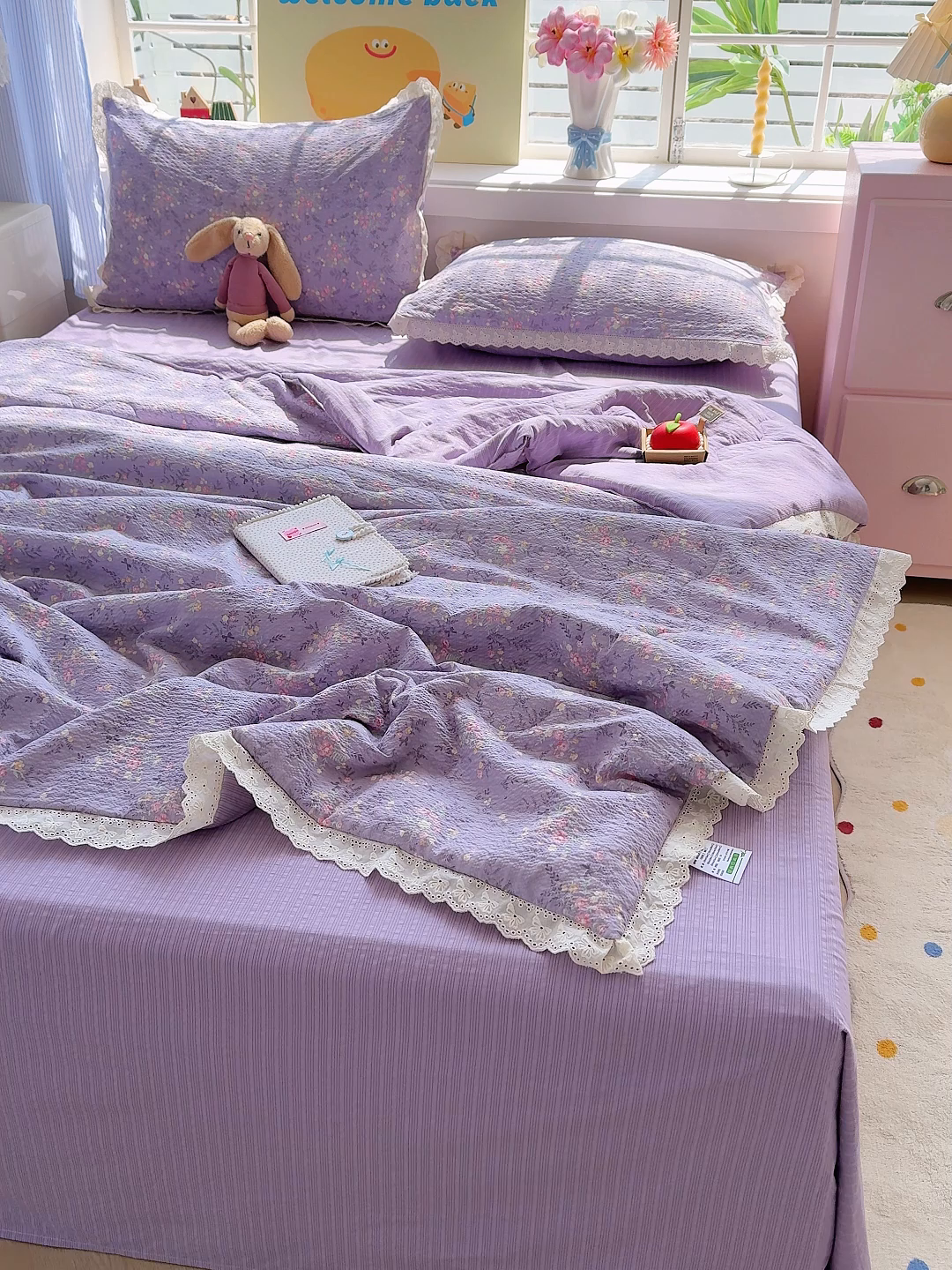 91家纺网 家纺一手货源 找家纺 弗苓家纺 2026新款高克重泡芙棉花边款夏被夏凉被空调被四件套小红书推荐-风格一 松间茶事