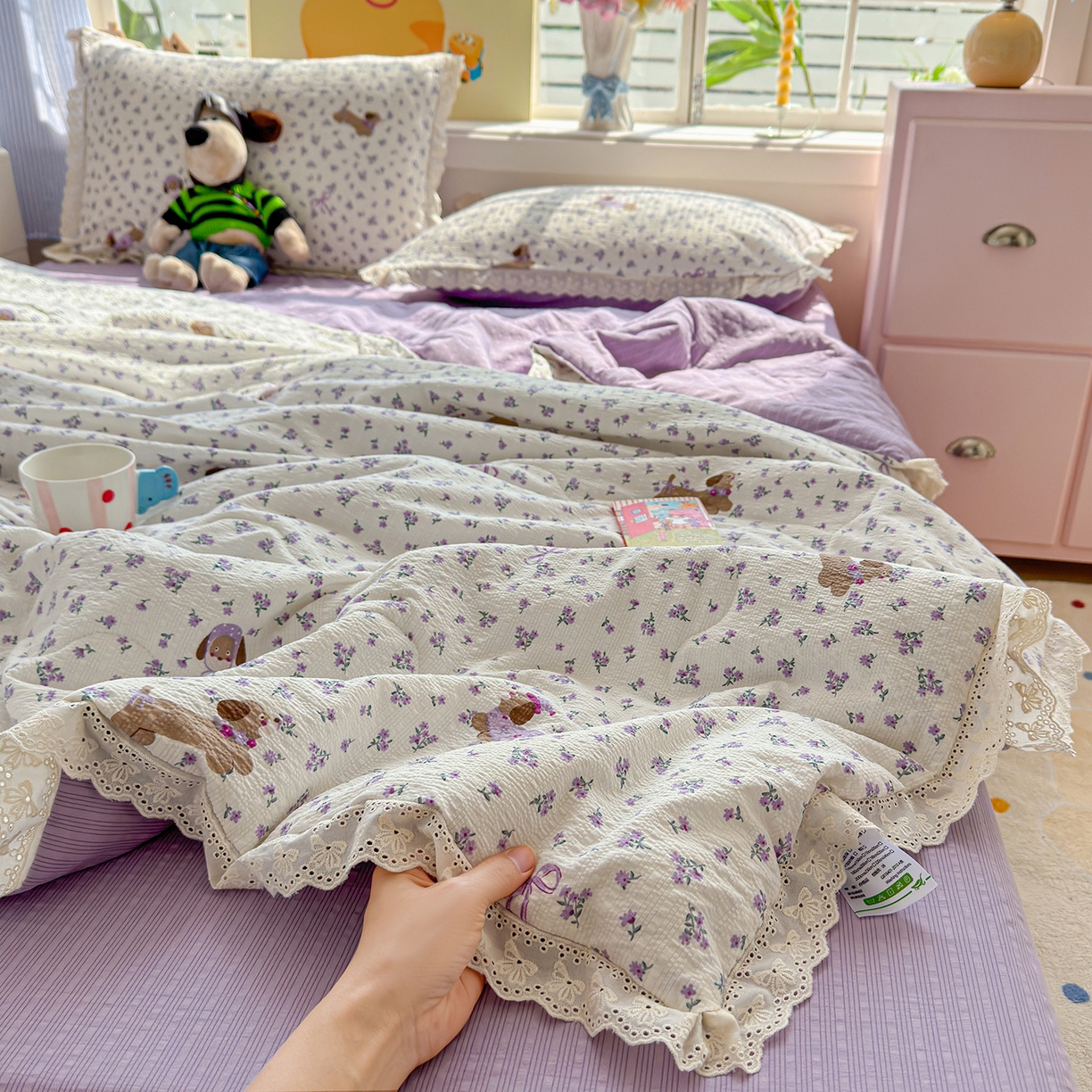 弗苓家纺 2026新款高克重泡芙棉花边款夏被夏凉被空调被四件套小红书推荐-风格一 片刻小狗