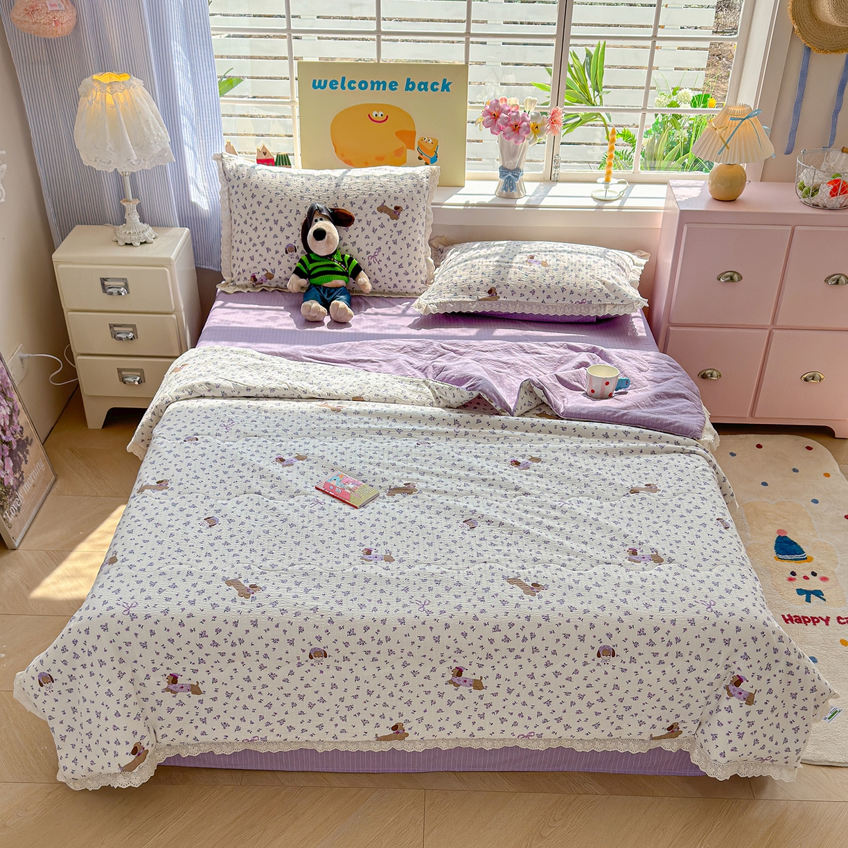 91家纺网 家纺一手货源 找家纺 弗苓家纺 2026新款高克重泡芙棉花边款夏被夏凉被空调被四件套小红书推荐-风格一 片刻小狗