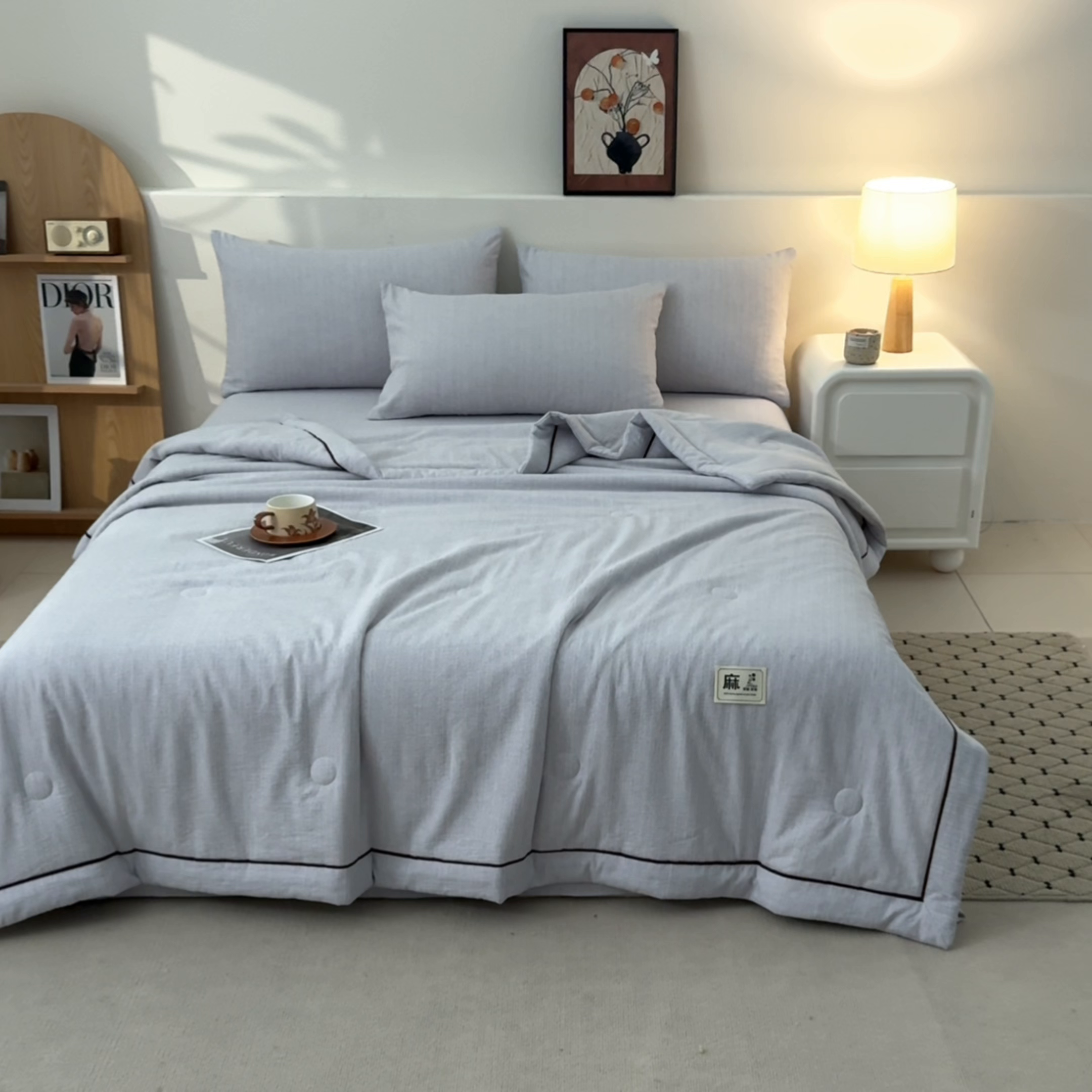 91家纺网 家纺一手货源 找家纺 蓝极人 2026新款提花色织水洗麻夏被四件套 色织-湖水蓝