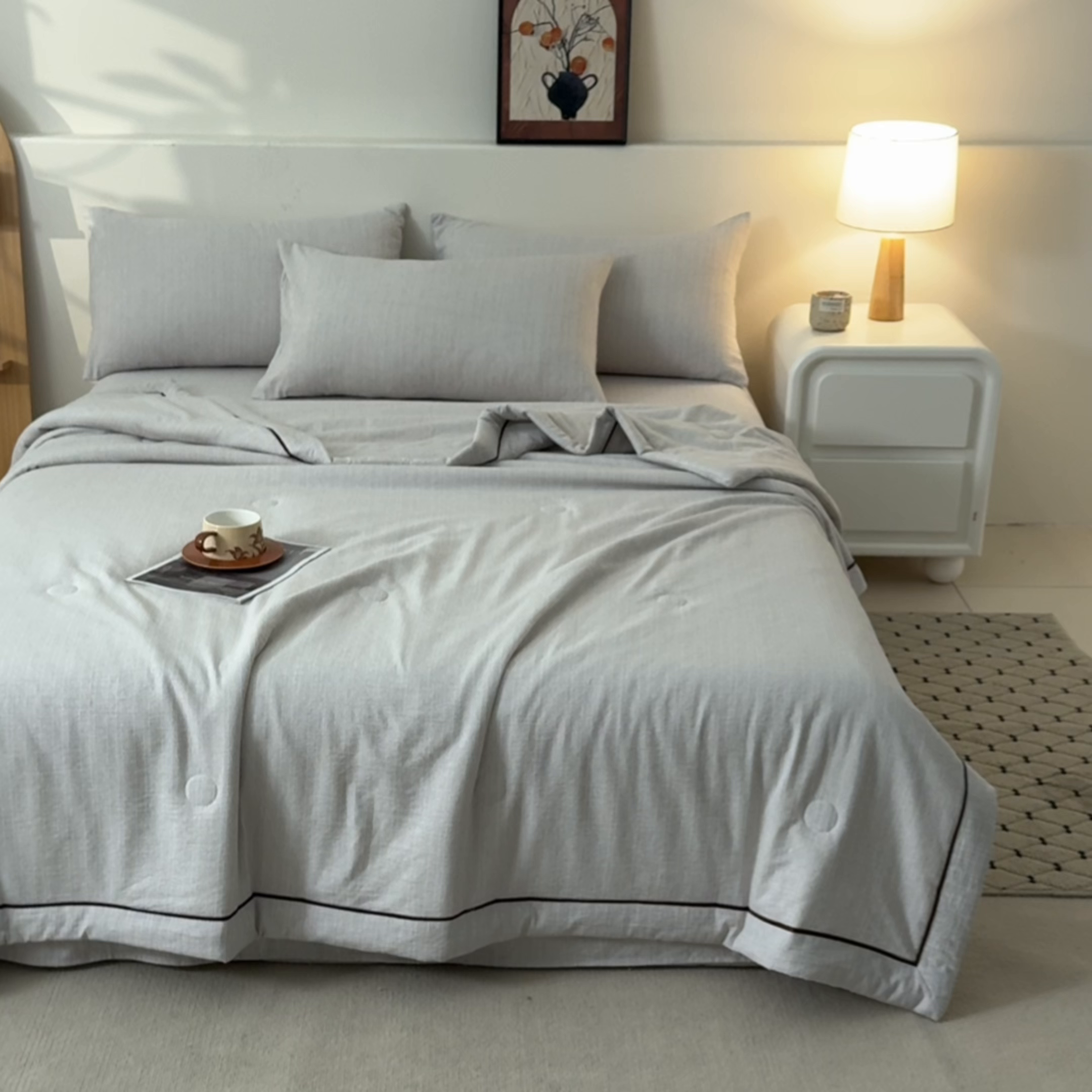 91家纺网 家纺一手货源 找家纺 蓝极人 2026新款提花色织水洗麻夏被四件套 色织-牛仔蓝