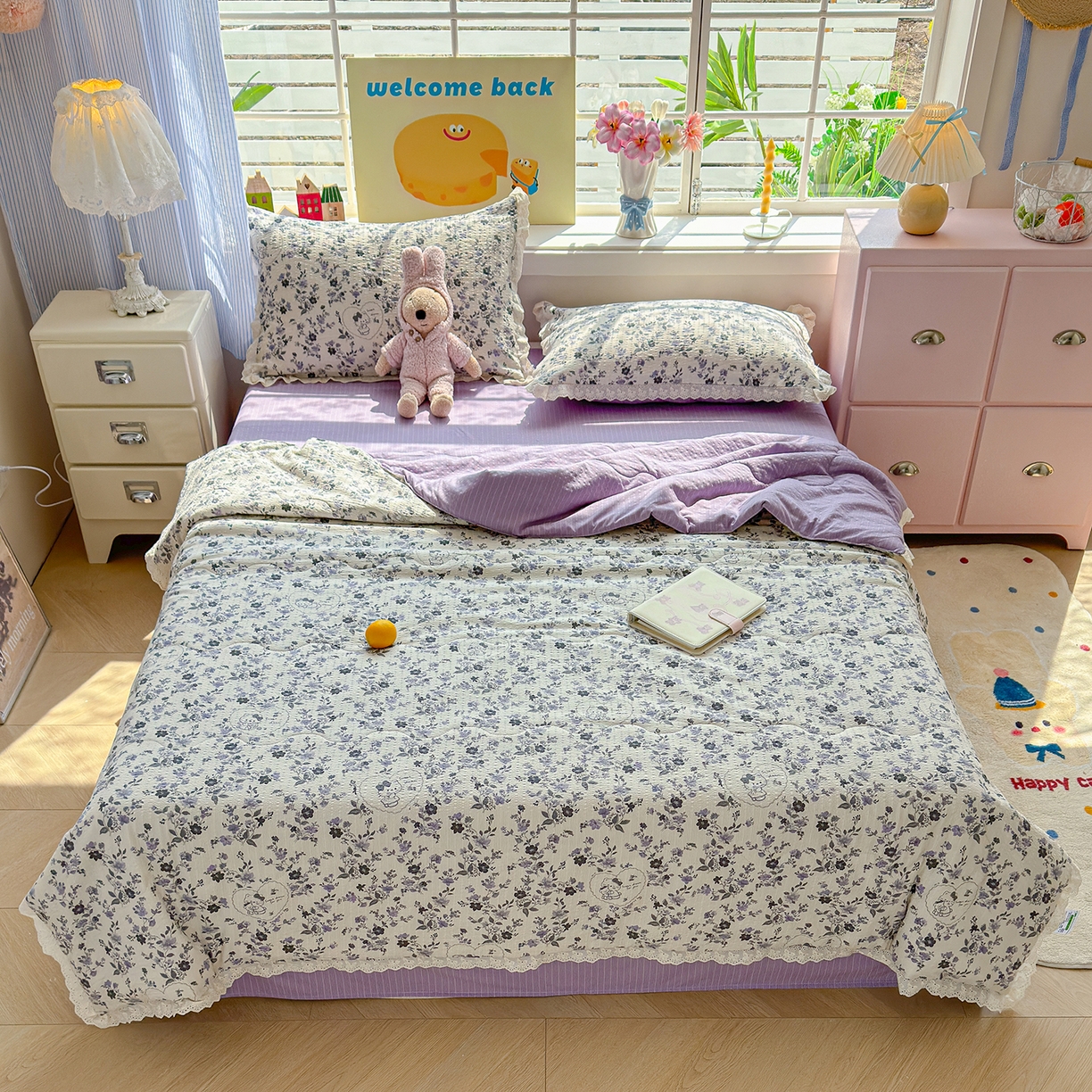 91家纺网 家纺一手货源 找家纺 弗苓家纺 2026新款高克重泡芙棉花边款夏被夏凉被空调被四件套小红书推荐-风格一 小猫幻境-灰