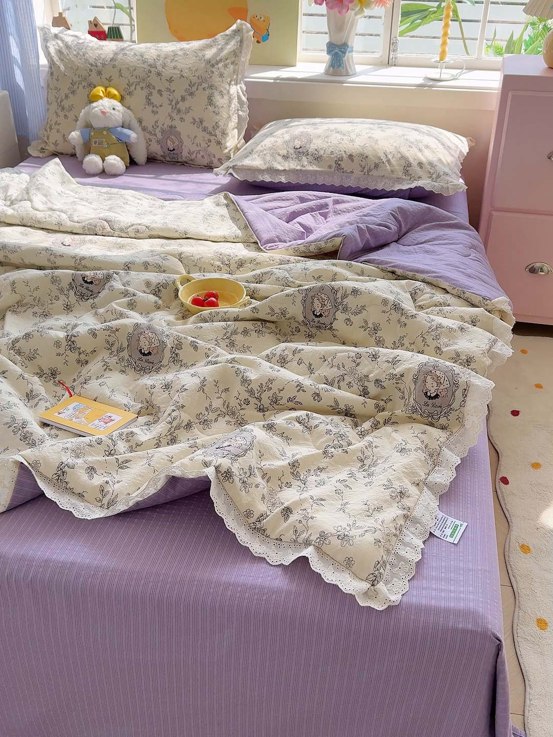 91家纺网 家纺一手货源 找家纺 弗苓家纺 2026新款高克重泡芙棉花边款夏被夏凉被空调被四件套小红书推荐-风格一 花筐少女