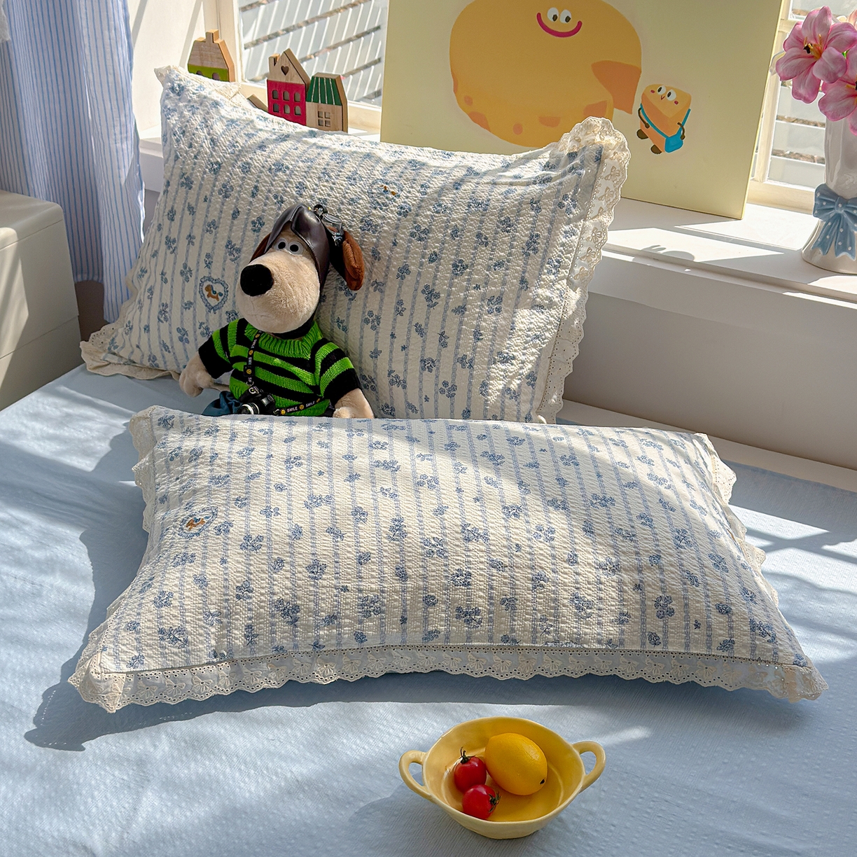 91家纺网 家纺一手货源 找家纺 弗苓家纺 2026新款高克重泡芙棉花边款夏被夏凉被空调被四件套小红书推荐-风格一 浅蓝花枝