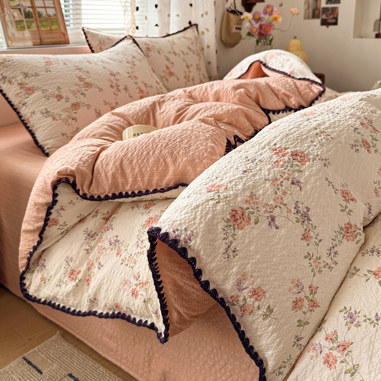 91家纺网 家纺一手货源 找家纺 蓝极人 2026新款泡芙被壳针四件套 春色