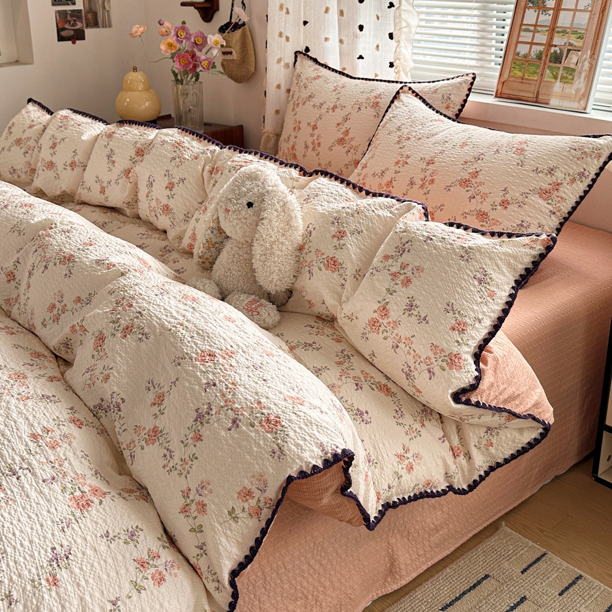 91家纺网 家纺一手货源 找家纺 蓝极人 2026新款泡芙被壳针四件套 春色