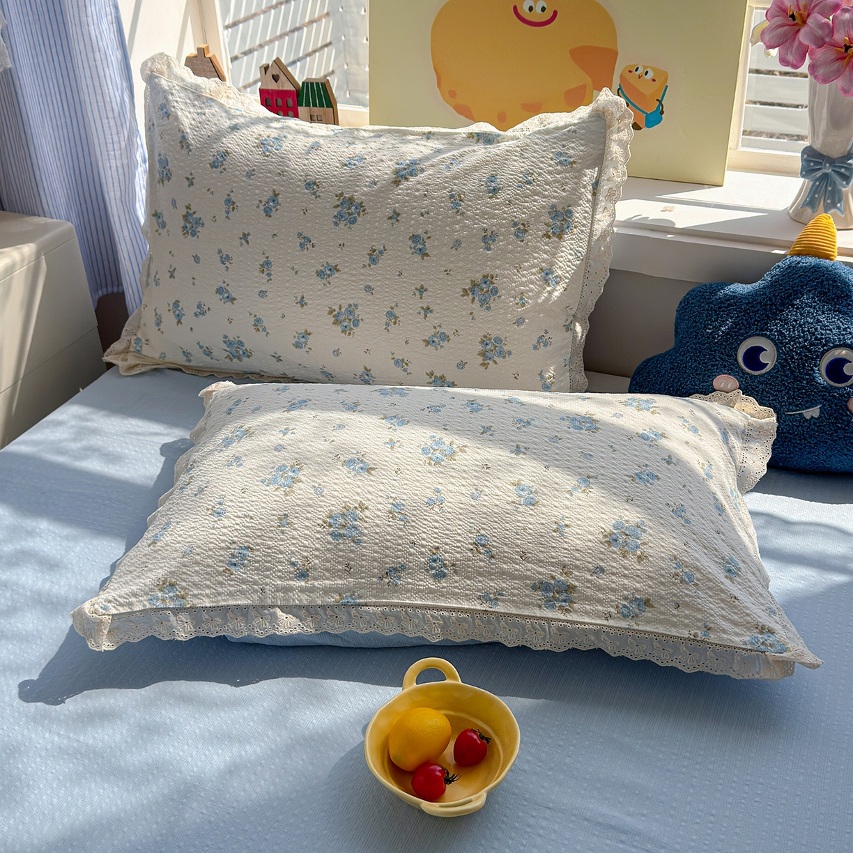 91家纺网 家纺一手货源 找家纺 弗苓家纺 2026新款高克重泡芙棉花边款夏被夏凉被空调被四件套小红书推荐-风格一 蓝雪草