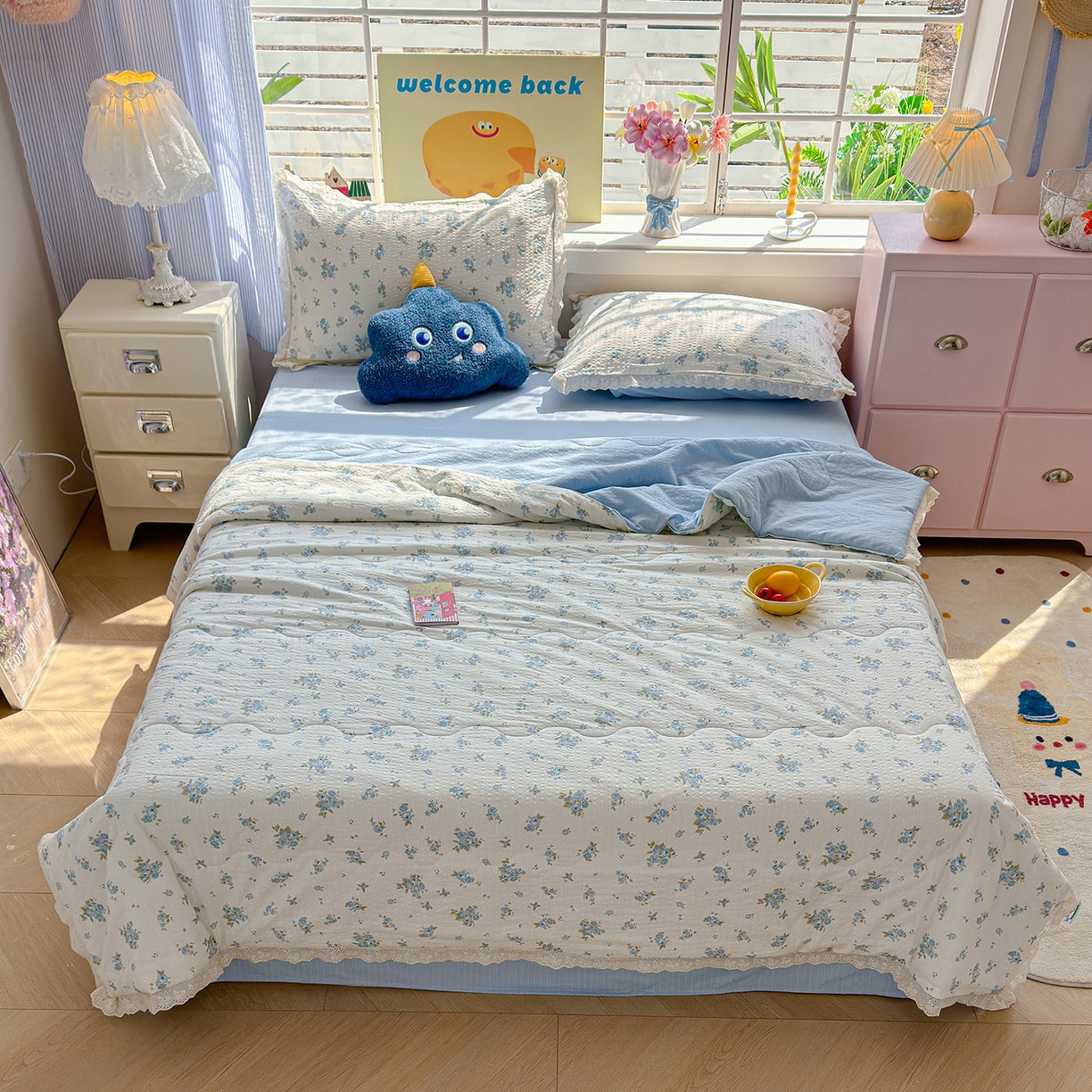 91家纺网 家纺一手货源 找家纺 弗苓家纺 2026新款高克重泡芙棉花边款夏被夏凉被空调被四件套小红书推荐-风格一 蓝雪草