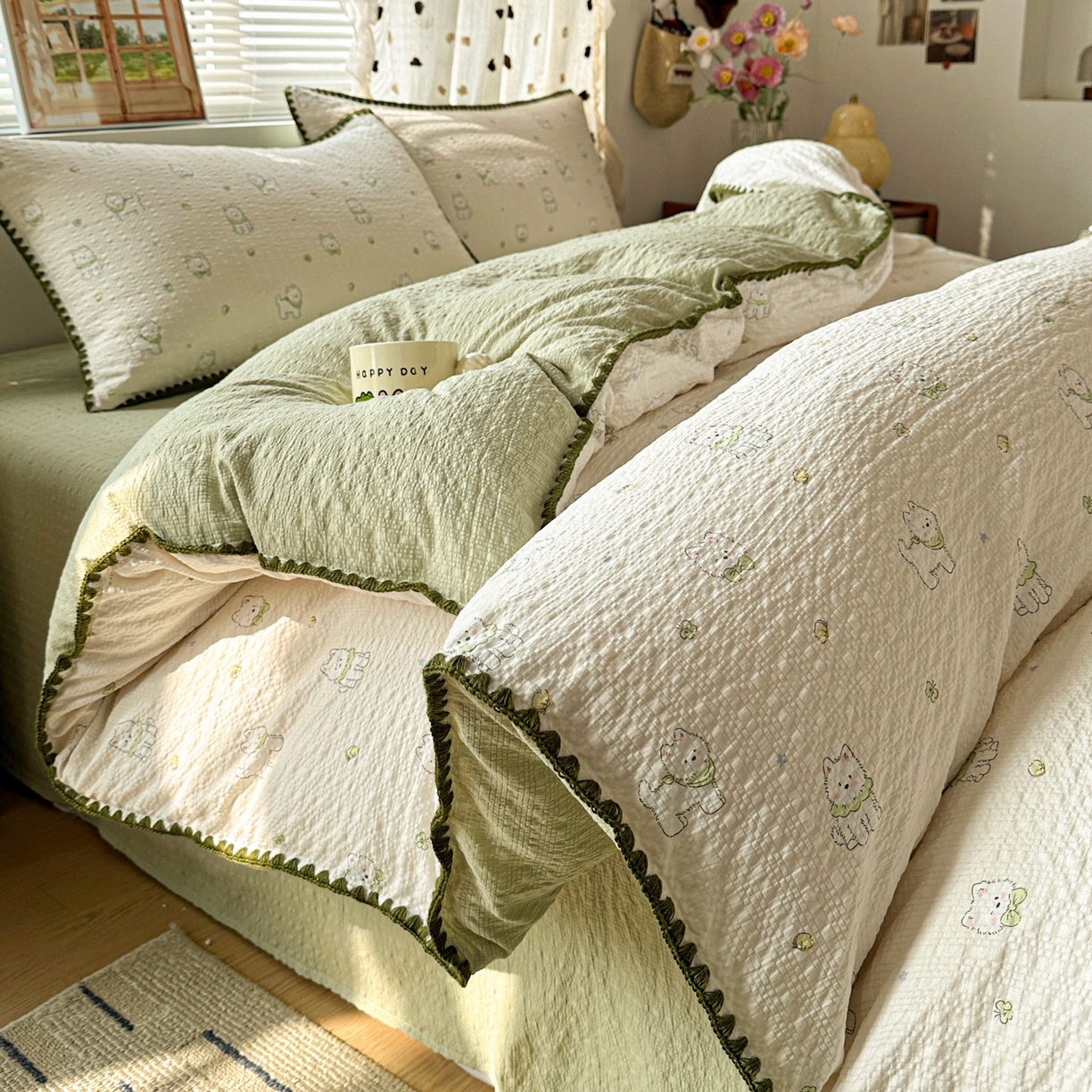 91家纺网 家纺一手货源 找家纺 蓝极人 2026新款泡芙被壳针四件套 耶耶狗