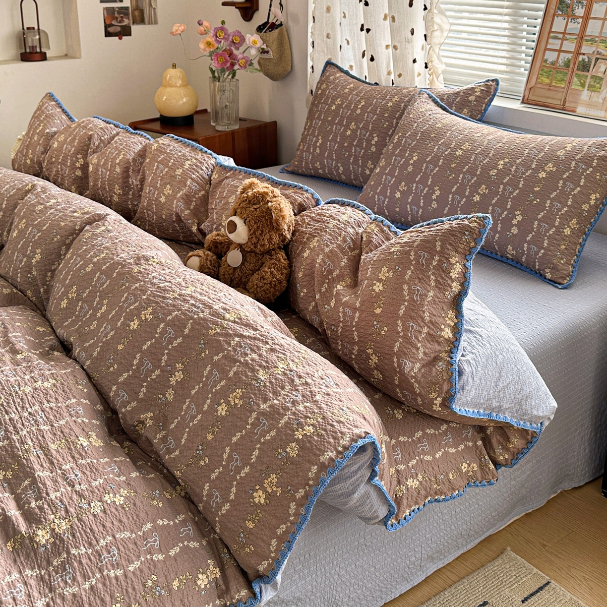 91家纺网 家纺一手货源 找家纺 蓝极人 2026新款泡芙被壳针四件套 情人节咖