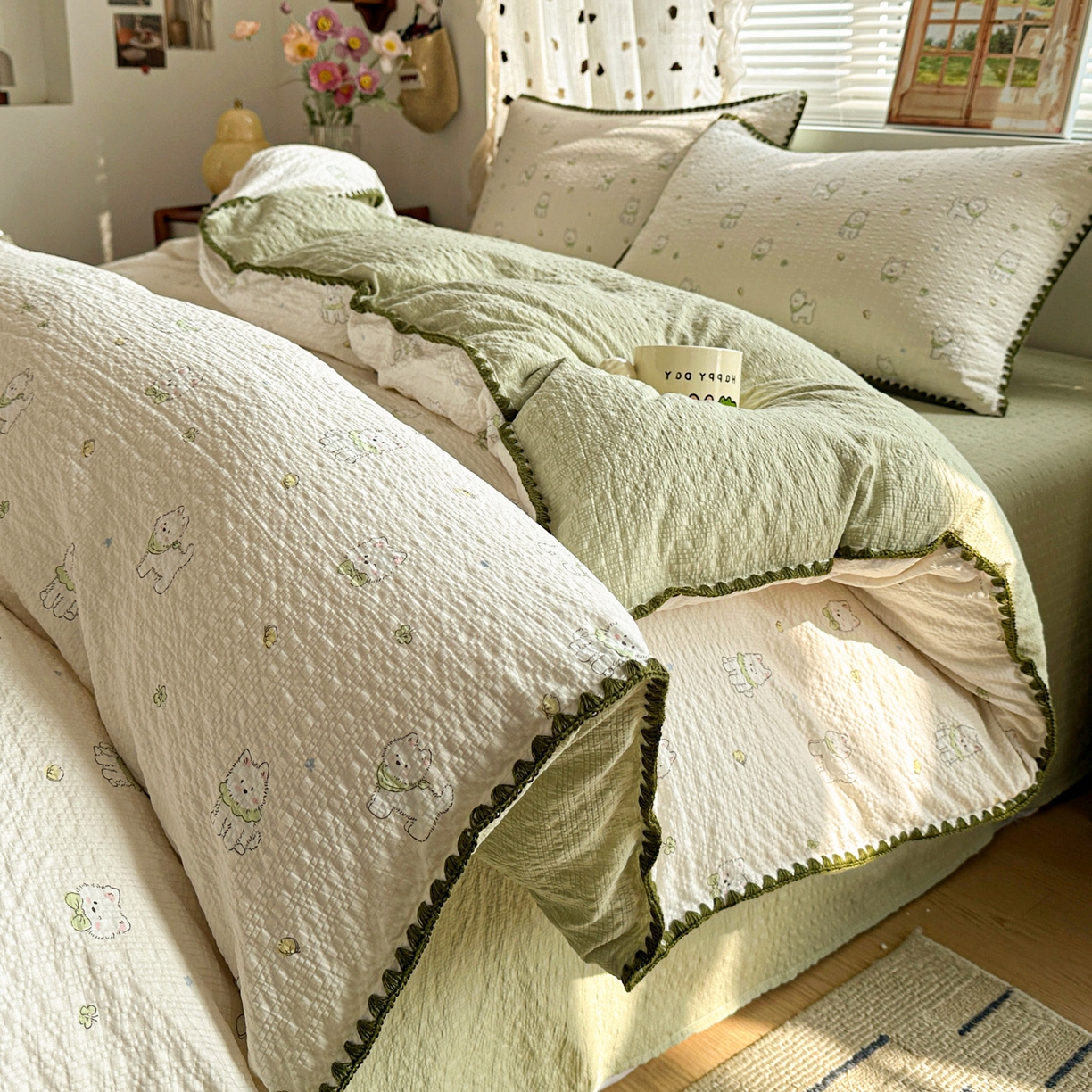 91家纺网 家纺一手货源 找家纺 蓝极人 2026新款泡芙被壳针四件套 耶耶狗