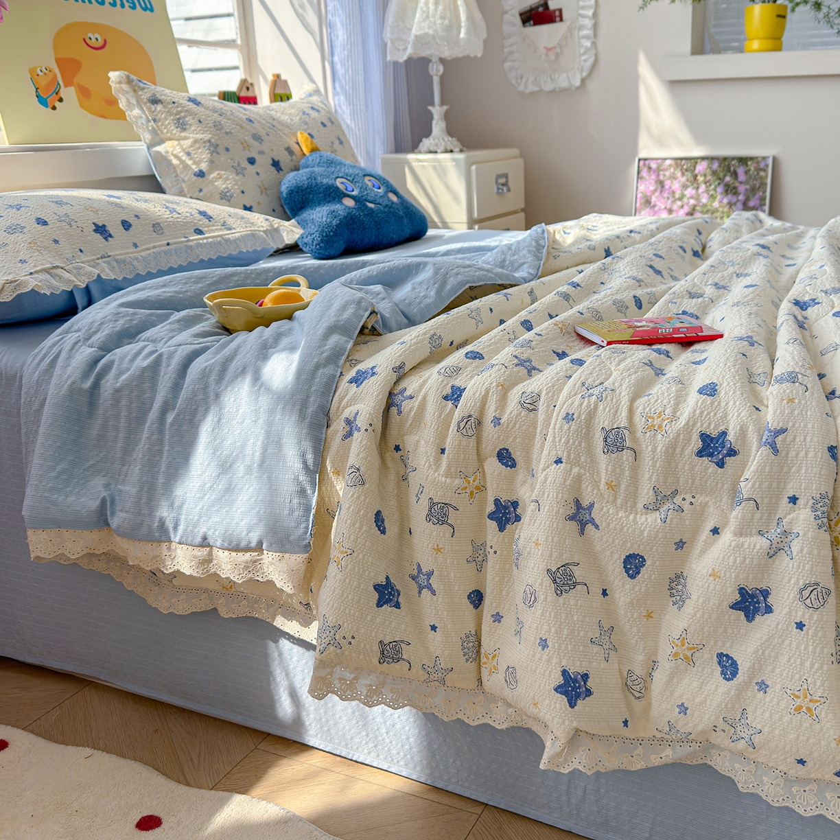 91家纺网 家纺一手货源 找家纺 弗苓家纺 2026新款高克重泡芙棉花边款夏被夏凉被空调被四件套小红书推荐-风格一 贝壳星