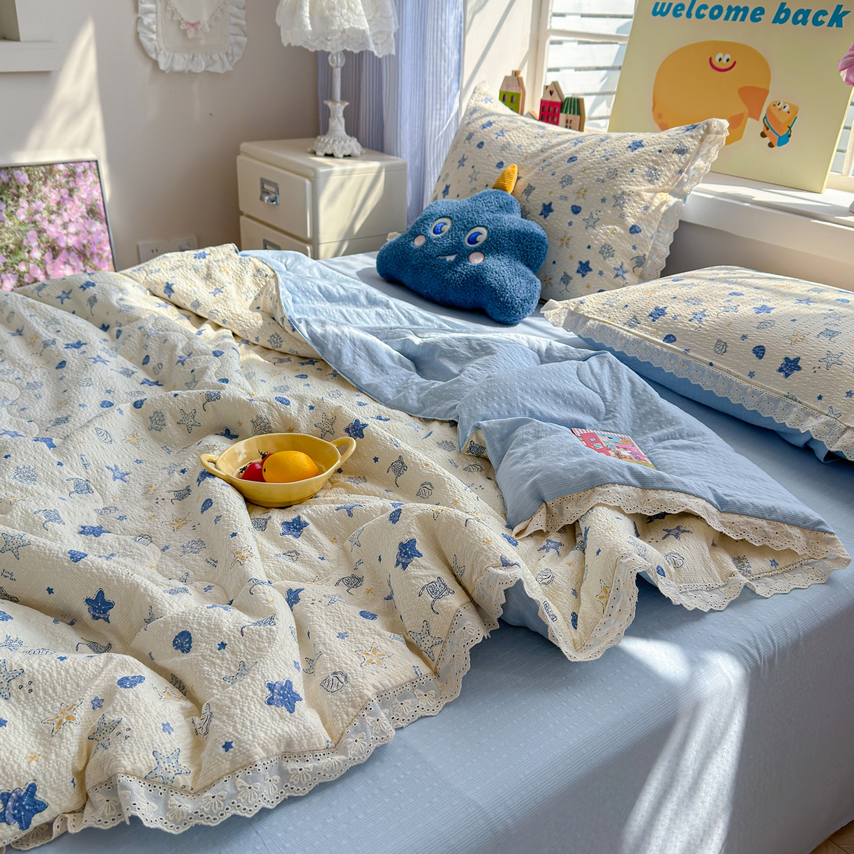 91家纺网 家纺一手货源 找家纺 弗苓家纺 2026新款高克重泡芙棉花边款夏被夏凉被空调被四件套小红书推荐-风格一 贝壳星