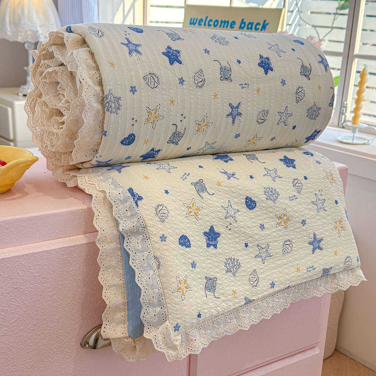 91家纺网 家纺一手货源 找家纺 弗苓家纺 2026新款高克重泡芙棉花边款夏被夏凉被空调被四件套小红书推荐-风格一 贝壳星