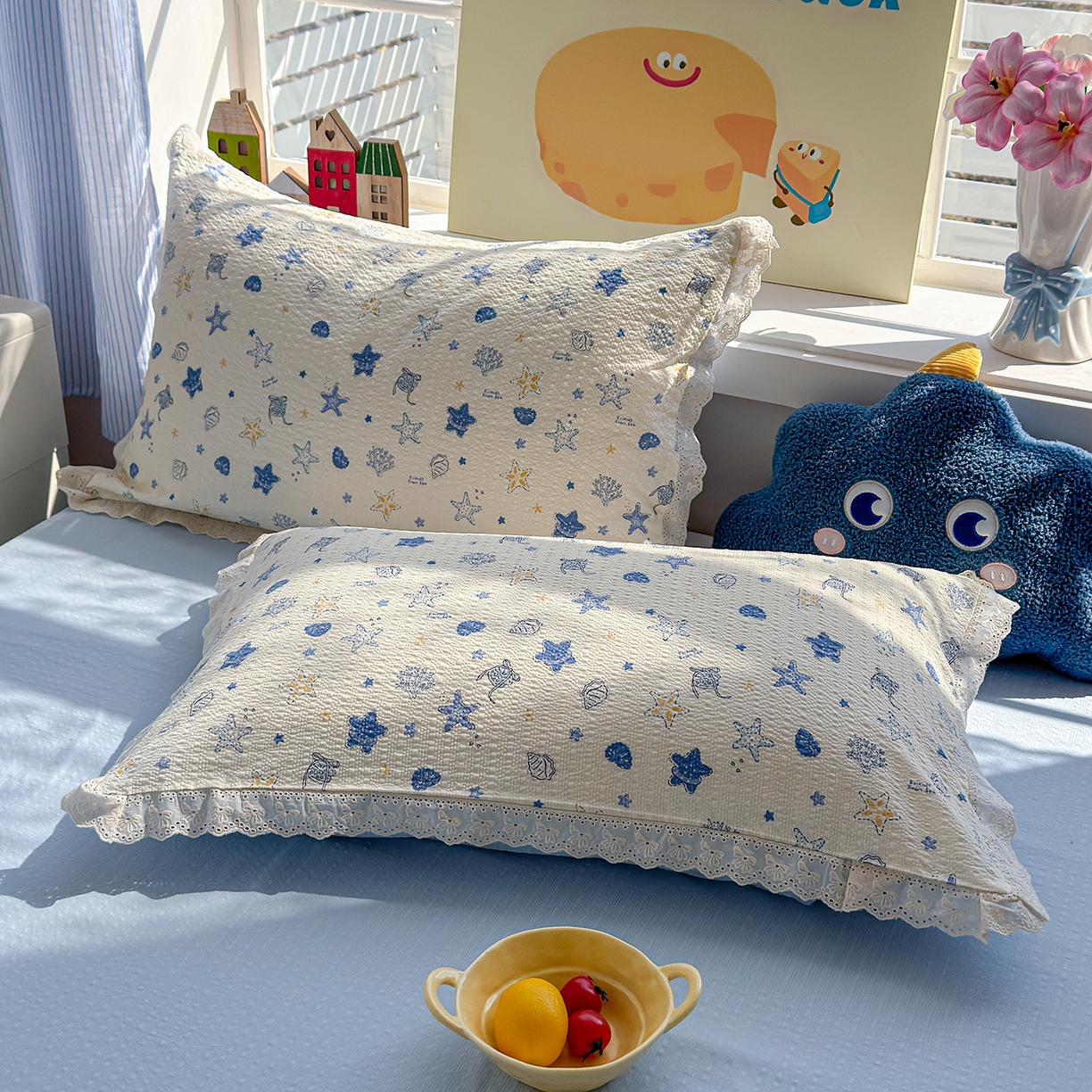 91家纺网 家纺一手货源 找家纺 弗苓家纺 2026新款高克重泡芙棉花边款夏被夏凉被空调被四件套小红书推荐-风格一 贝壳星