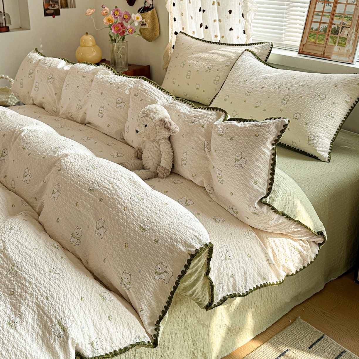 91家纺网 家纺一手货源 找家纺 蓝极人 2026新款泡芙被壳针四件套 耶耶狗