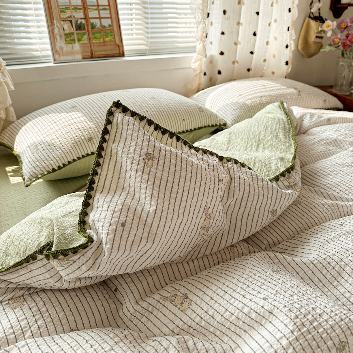 91家纺网 家纺一手货源 找家纺 蓝极人 2026新款泡芙被壳针四件套 蘑菇兔