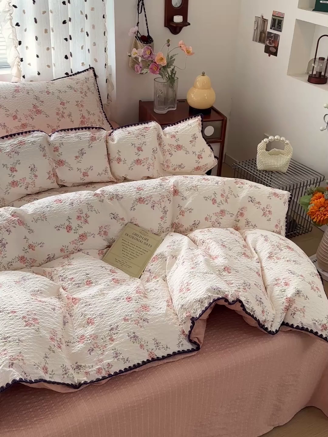 91家纺网 家纺一手货源 找家纺 蓝极人 2026新款泡芙被壳针四件套 春色