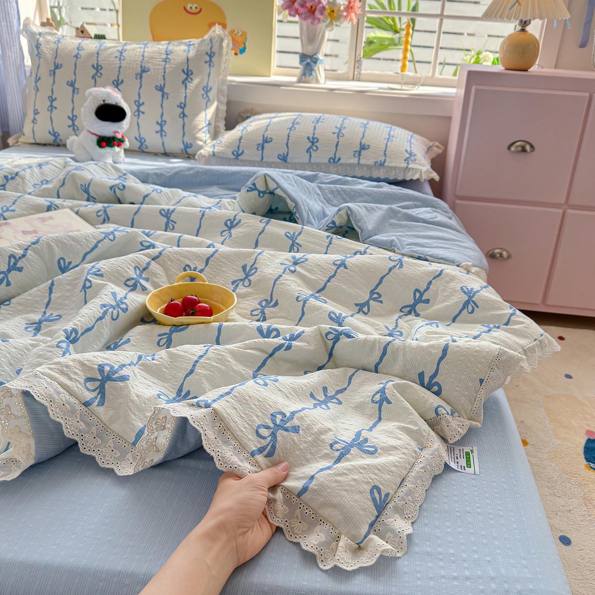 弗苓家纺 2026新款高克重泡芙棉花边款夏被夏凉被空调被四件套小红书推荐-风格一 蓝缎结