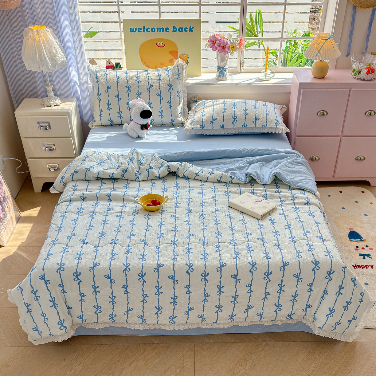 91家纺网 家纺一手货源 找家纺 弗苓家纺 2026新款高克重泡芙棉花边款夏被夏凉被空调被四件套小红书推荐-风格一 蓝缎结