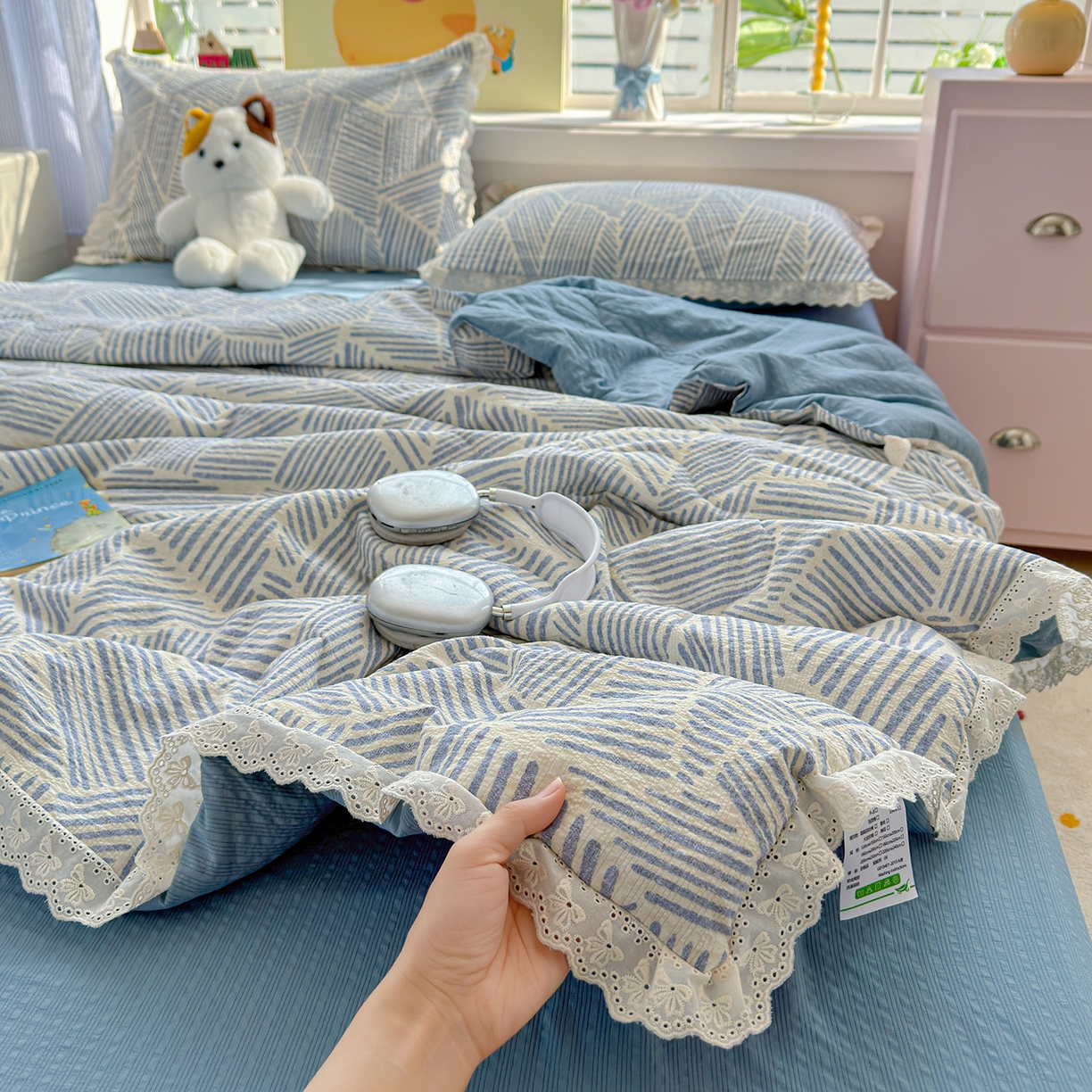 弗苓家纺 2026新款高克重泡芙棉花边款夏被夏凉被空调被四件套小红书推荐-风格一 浅川纹