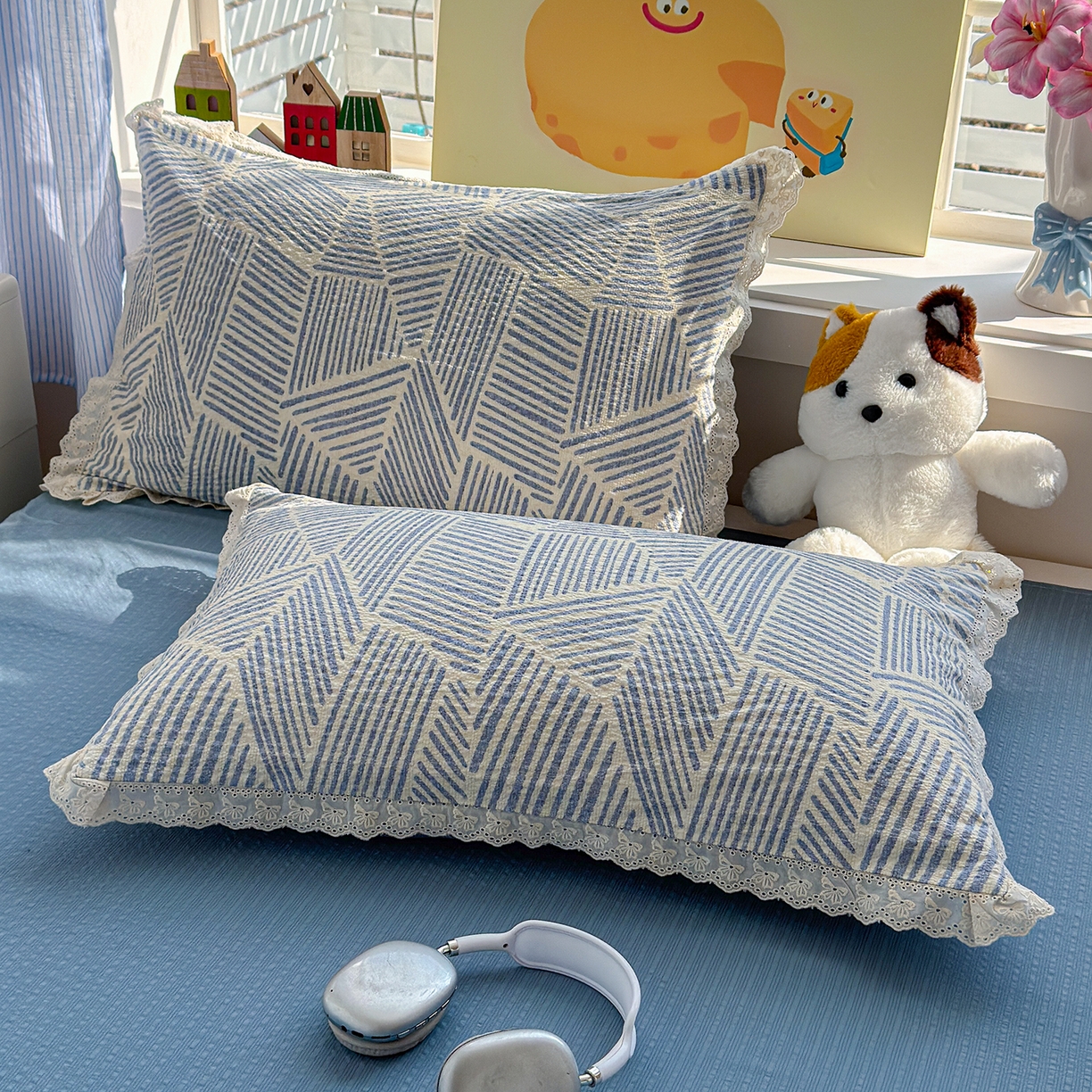 91家纺网 家纺一手货源 找家纺 弗苓家纺 2026新款高克重泡芙棉花边款夏被夏凉被空调被四件套小红书推荐-风格一 浅川纹