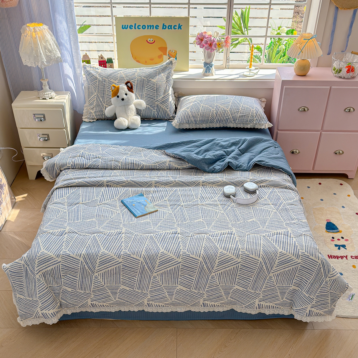 91家纺网 家纺一手货源 找家纺 弗苓家纺 2026新款高克重泡芙棉花边款夏被夏凉被空调被四件套小红书推荐-风格一 浅川纹