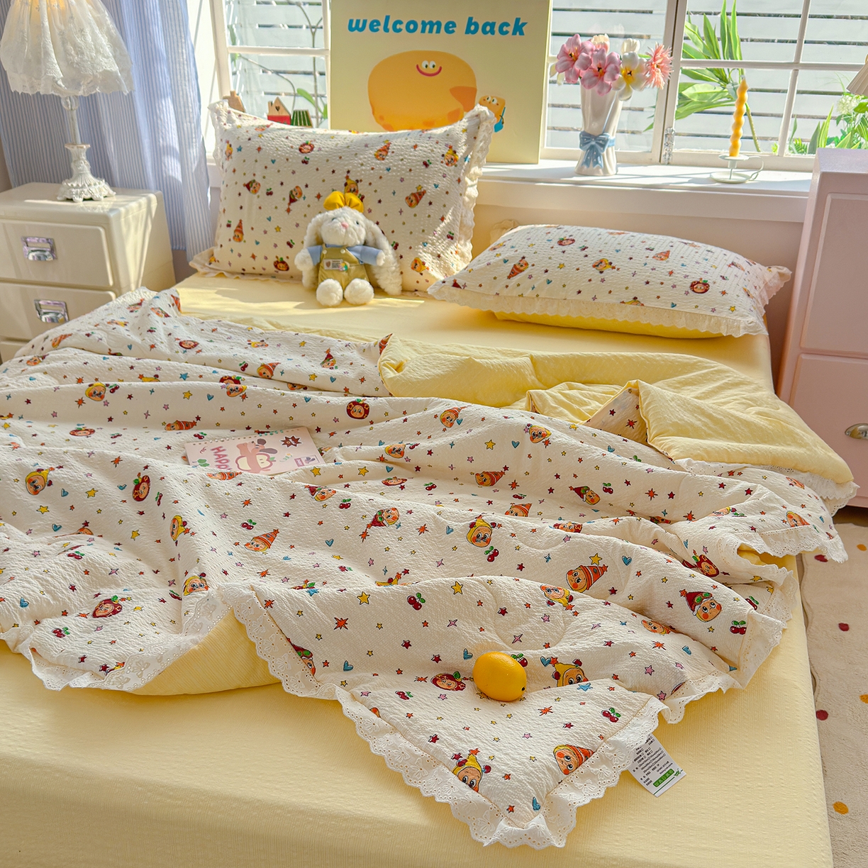 91家纺网 家纺一手货源 找家纺 弗苓家纺 2026新款高克重泡芙棉花边款夏被夏凉被空调被四件套小红书推荐-风格一 旧街星星