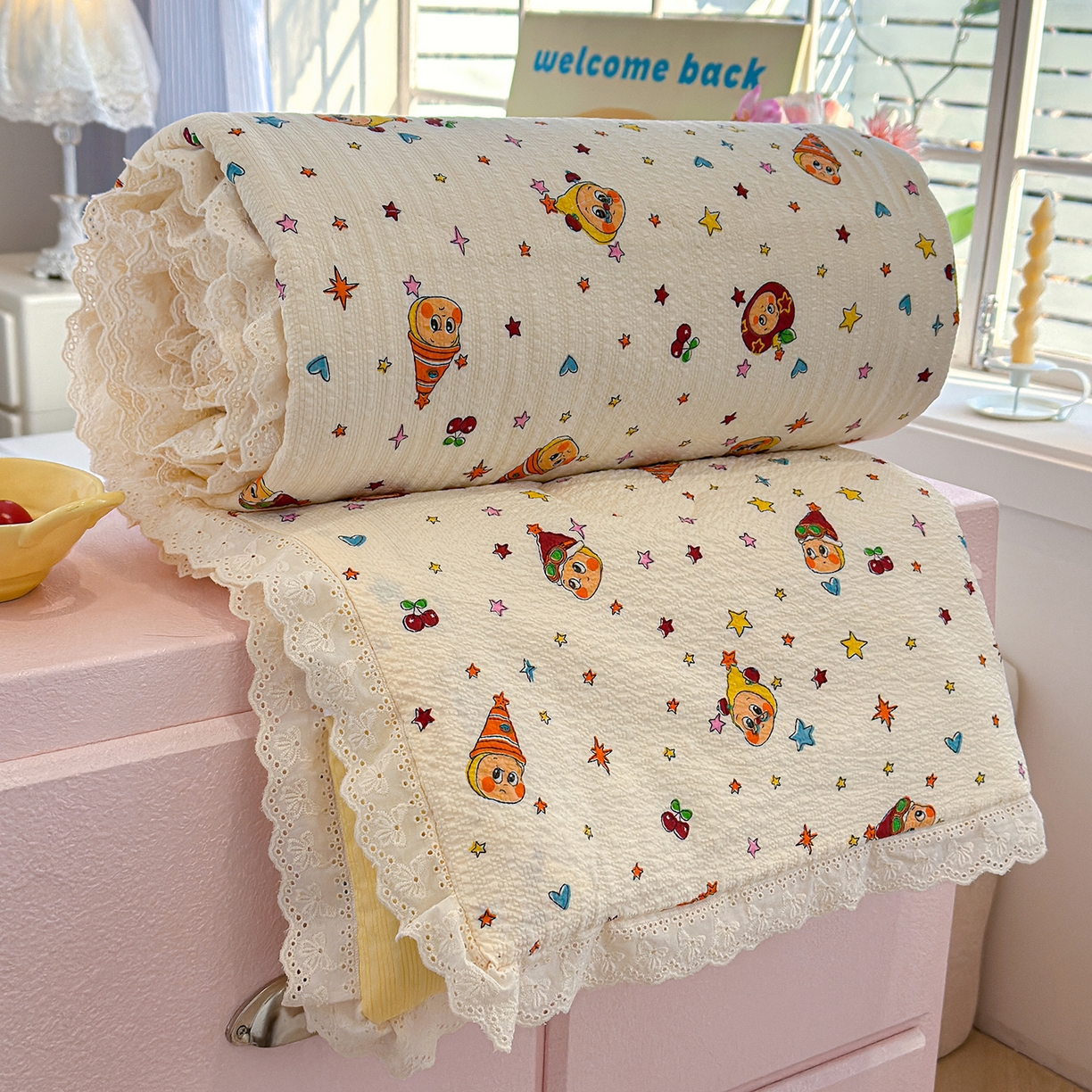 91家纺网 家纺一手货源 找家纺 弗苓家纺 2026新款高克重泡芙棉花边款夏被夏凉被空调被四件套小红书推荐-风格一 旧街星星