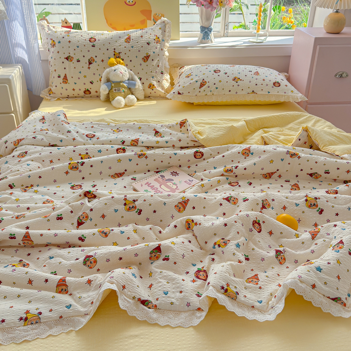 91家纺网 家纺一手货源 找家纺 弗苓家纺 2026新款高克重泡芙棉花边款夏被夏凉被空调被四件套小红书推荐-风格一 旧街星星