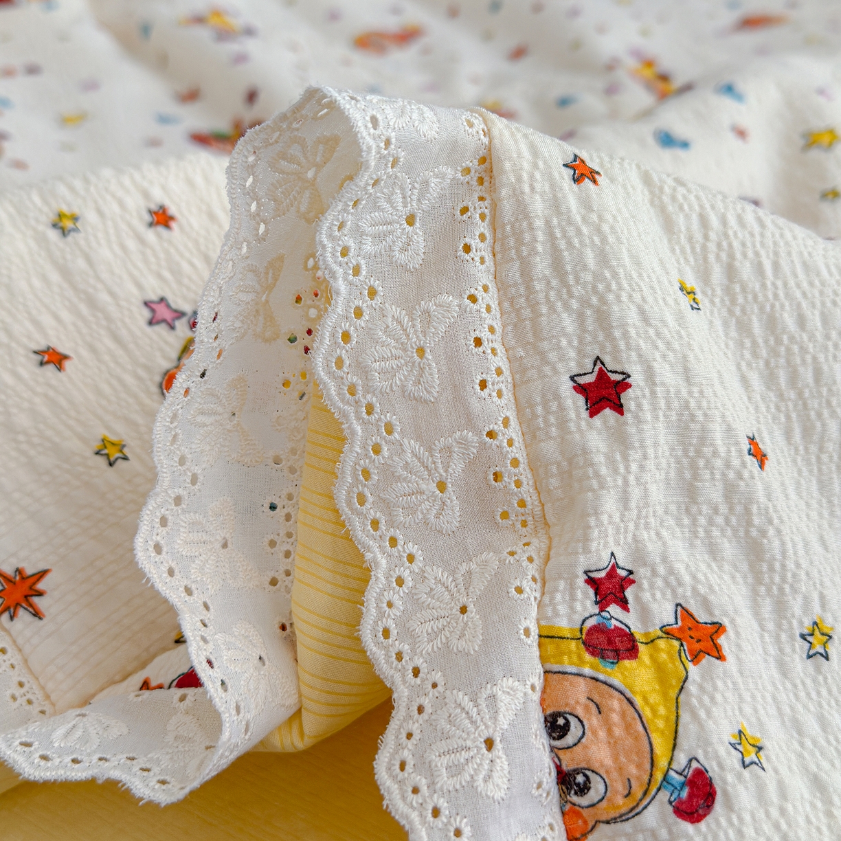 91家纺网 家纺一手货源 找家纺 弗苓家纺 2026新款高克重泡芙棉花边款夏被夏凉被空调被四件套小红书推荐-风格一 旧街星星