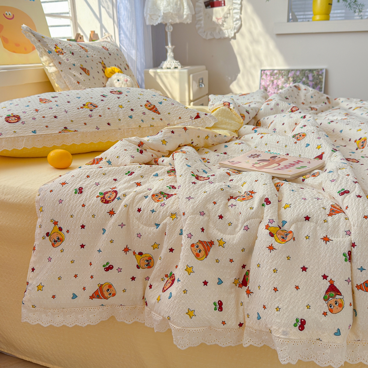 91家纺网 家纺一手货源 找家纺 弗苓家纺 2026新款高克重泡芙棉花边款夏被夏凉被空调被四件套小红书推荐-风格一 旧街星星