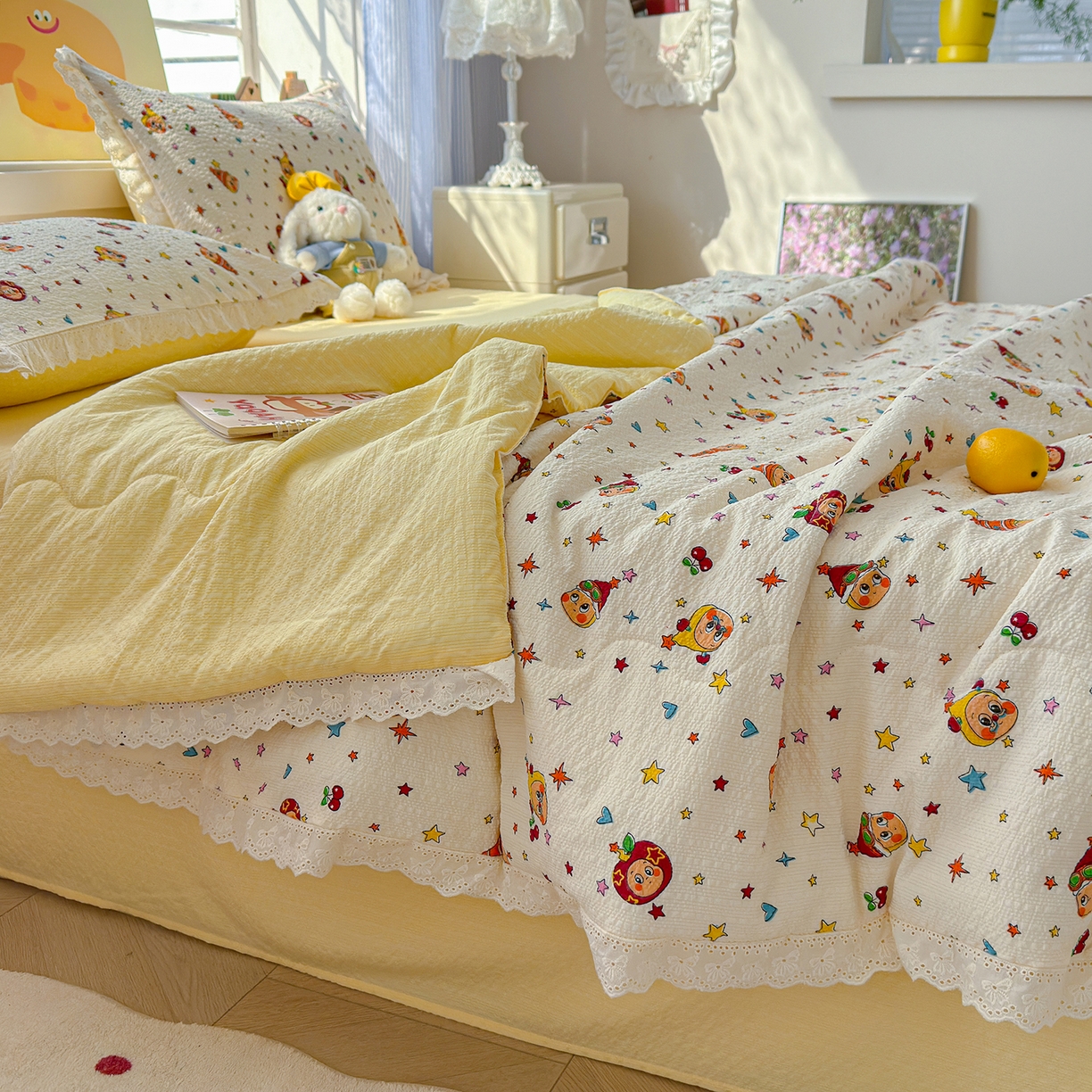 91家纺网 家纺一手货源 找家纺 弗苓家纺 2026新款高克重泡芙棉花边款夏被夏凉被空调被四件套小红书推荐-风格一 旧街星星