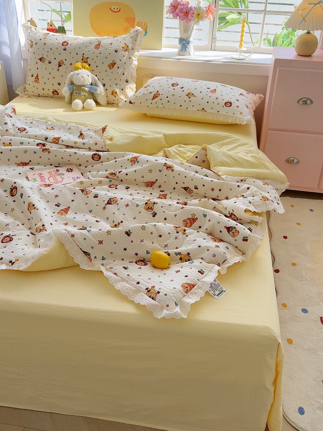 91家纺网 家纺一手货源 找家纺 弗苓家纺 2026新款高克重泡芙棉花边款夏被夏凉被空调被四件套小红书推荐-风格一 旧街星星