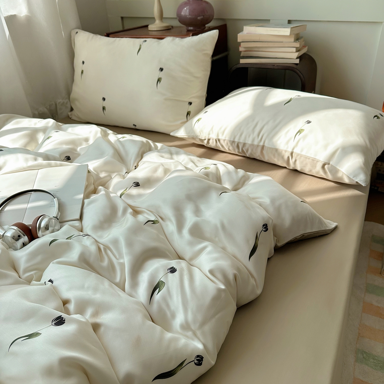 91家纺网 家纺一手货源 找家纺 悦织湾家纺 2026新款亲肤冰丝印花四件套春夏冰爽凉感床上用品三四件套学生宿舍 冰丝-奶杏郁金香