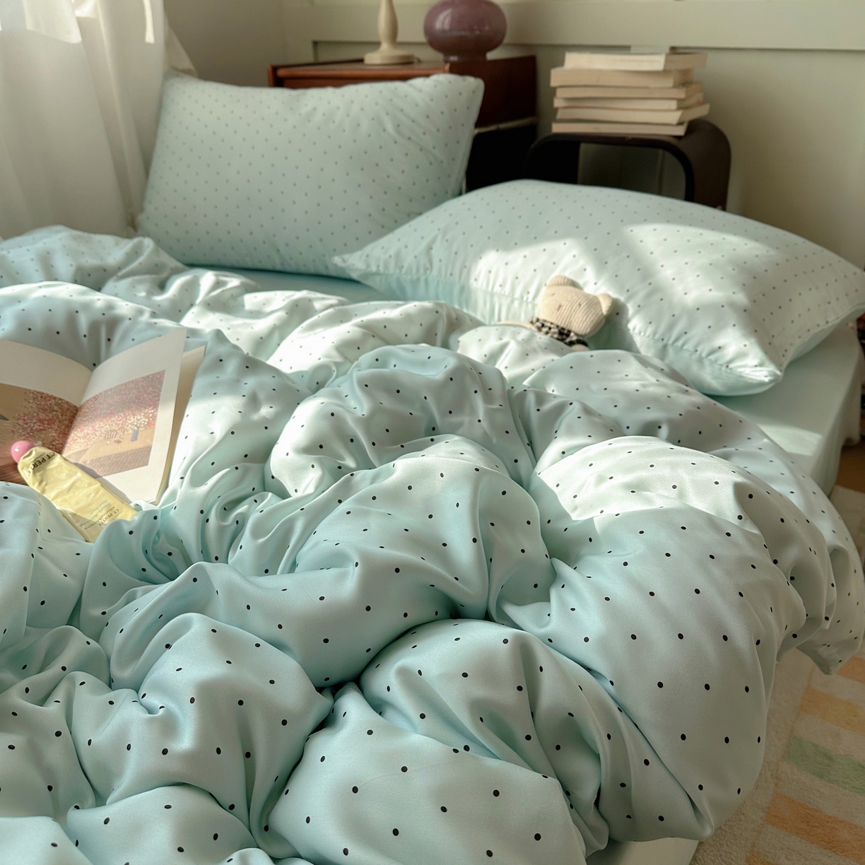 91家纺网 家纺一手货源 找家纺 悦织湾家纺 2026新款亲肤冰丝印花四件套春夏冰爽凉感床上用品三四件套学生宿舍 冰丝-青雾波点