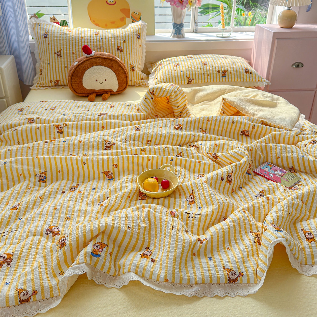 91家纺网 家纺一手货源 找家纺 弗苓家纺 2026新款高克重泡芙棉花边款夏被夏凉被空调被四件套小红书推荐-风格一 条纹星