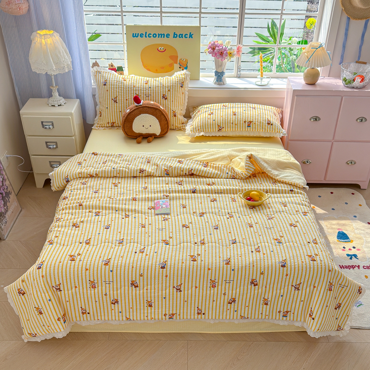 91家纺网 家纺一手货源 找家纺 弗苓家纺 2026新款高克重泡芙棉花边款夏被夏凉被空调被四件套小红书推荐-风格一 条纹星