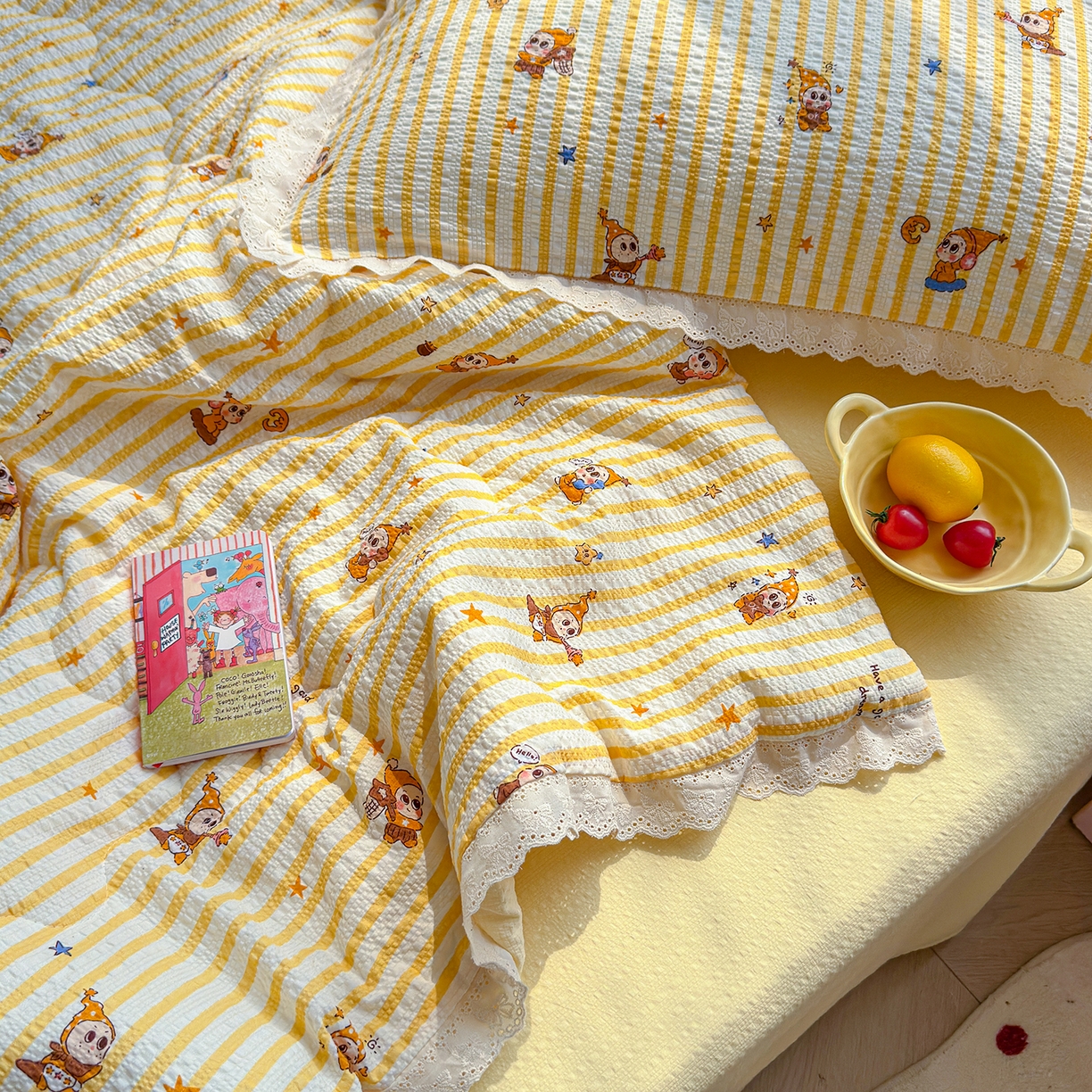 91家纺网 家纺一手货源 找家纺 弗苓家纺 2026新款高克重泡芙棉花边款夏被夏凉被空调被四件套小红书推荐-风格一 条纹星